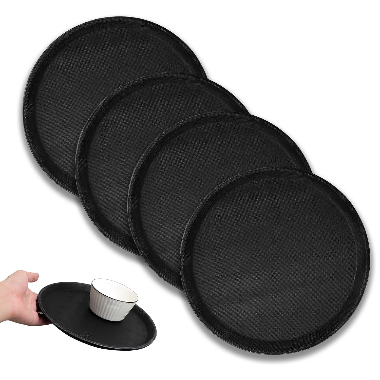 YKUKIZEE 4 Pack Bar Tray for Drinks Non Slip, Round Serving Tray 11 inch Rubber, 28 cm Black Restaurant Serving Trays for Hotel Coffee Home Kitchen Party Waiters