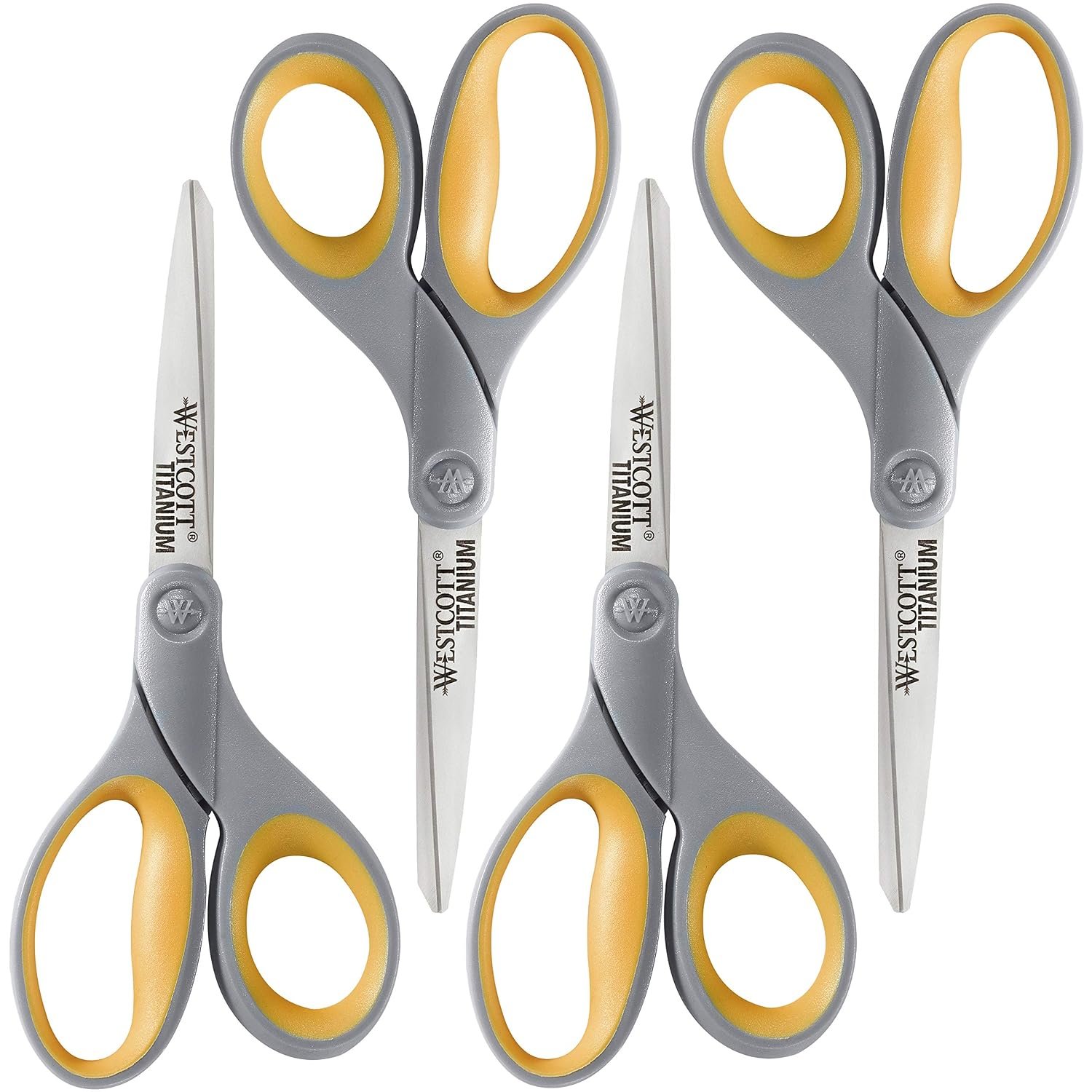 Westcott 8" Soft Handle Titanium Bonded Scissors for Office & Home, Gray/Yellow, 4 Pack (17598)