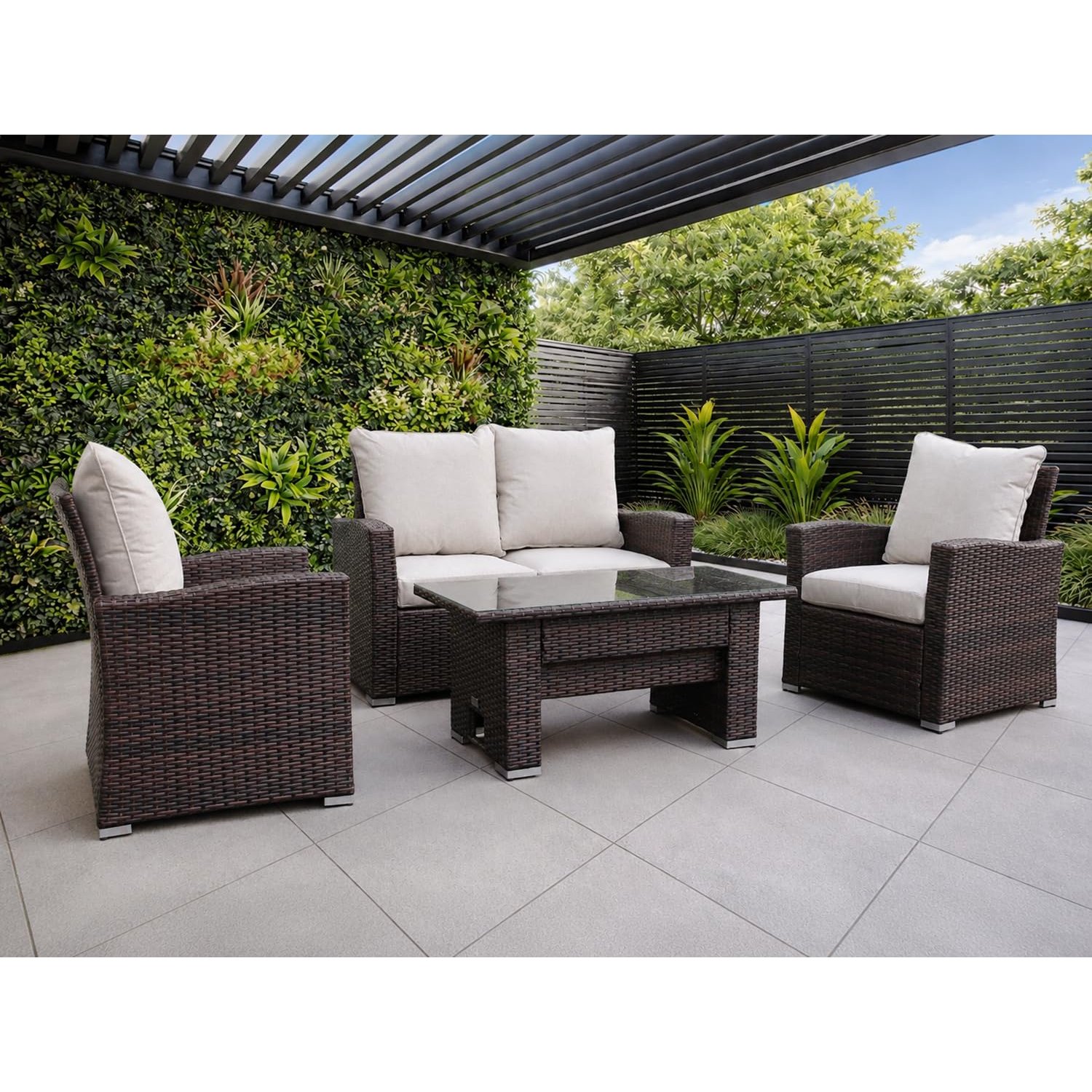 GOODS EMPORIUM 4 Seater Rattan Garden Furniture Set with Height Adjustable Rising Table - Outdoor Patio furniture - Conservatory Sofa sets - RAIN COVER INCLUDED (Dark Brown)