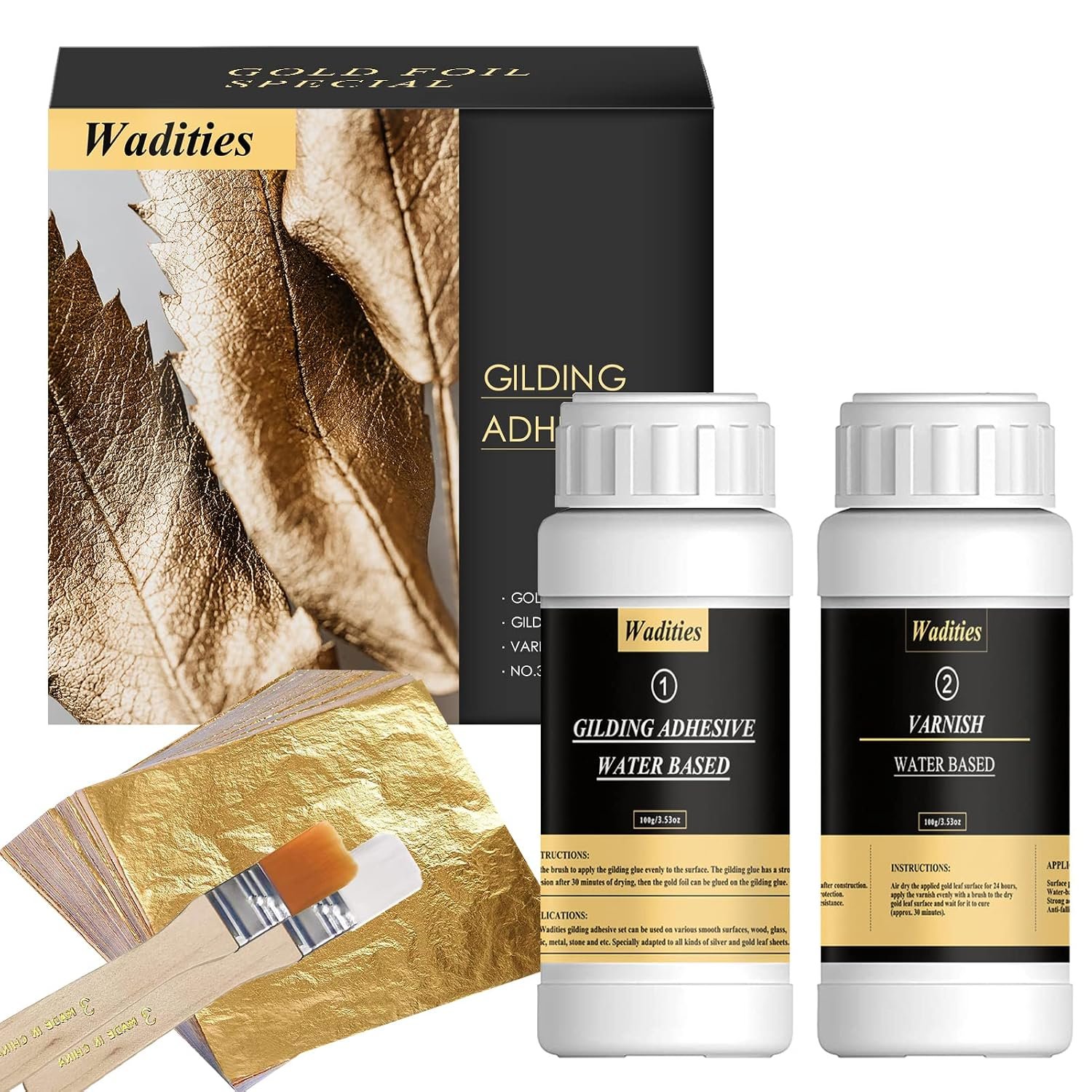 Wadities Gold Leaf Gilding Adhesive Set, 100ml Water Based Metal Leaf Glue and 100ml Varnish, Gold Leaf Sheets 100 pcs, 2 Brushes, for Craft, Painting and Arts