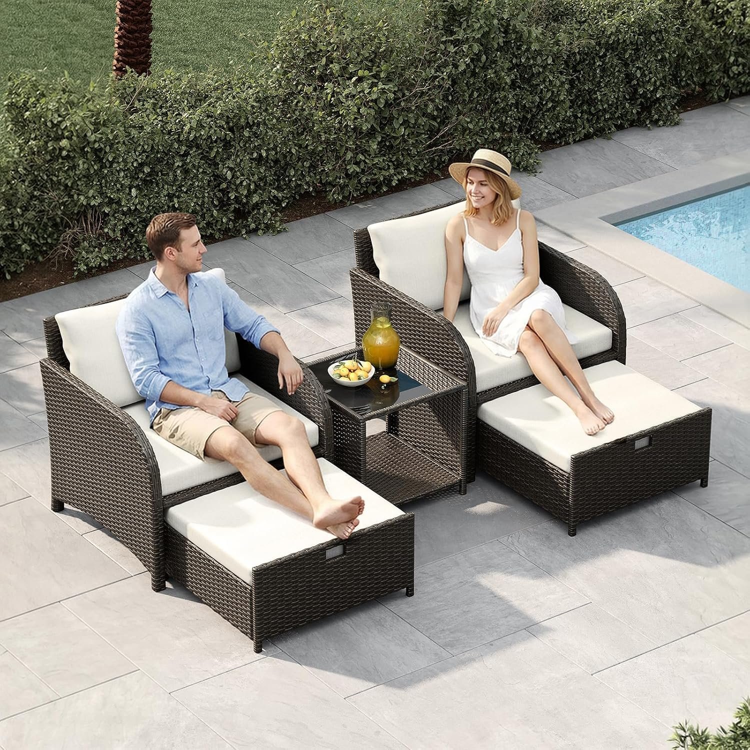 Aptliton 5 Piece Rattan Garden Furniture Set, 2 Armchairs 2 Ottomans Coffee Table, PE Wicker Outdoor Conversation Set with Thick Cushions, Tempered Glass Tabletop, Space-Saving Design, Beige