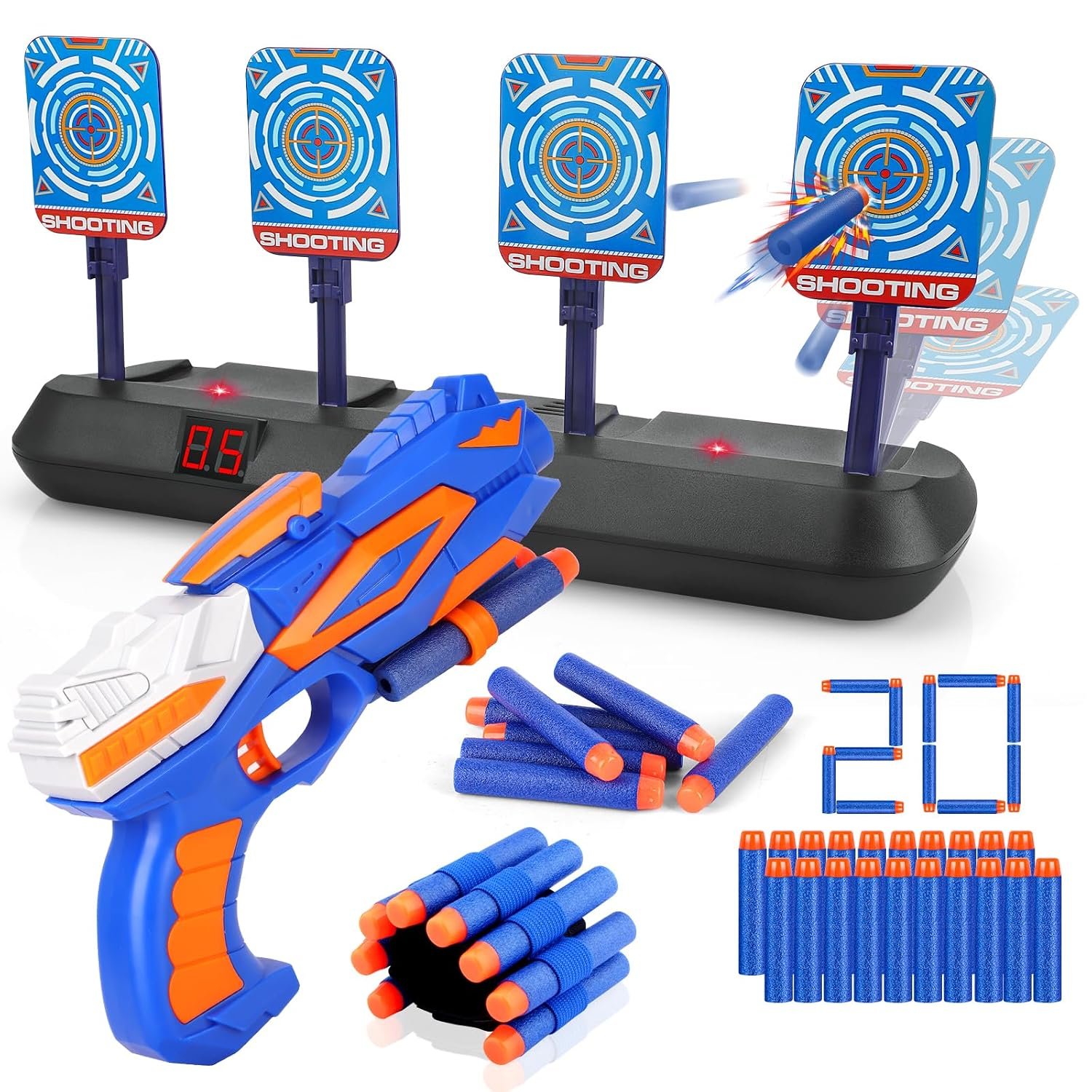 Electronic Digital Target with Gun Toy for Nerf, Pistol Toy with Foam Bullets for 3 4 5 6 7 8 9 10 Year Old Kids Boy Girl Children Outdoor Shooting Game Xmas Birthday Gift Present Stocking Filler