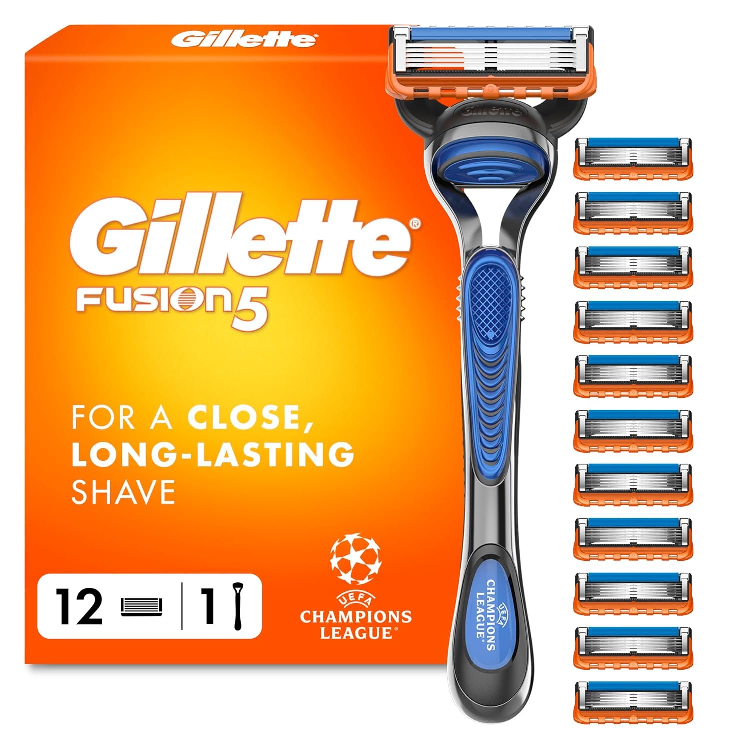 Gillette Fusion5 Razor and Refills for Men - 1 Handle Plus 12 Razor Blades, with Lubrastrip for a Close Shave