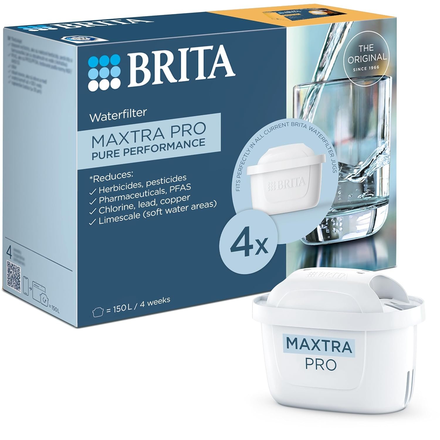 BRITA MAXTRA PRO Pure Performance Water Filter Cartridge - 4 Pack - Original BRITA Refill reducing impurities, Chlorine, PFAS, pesticides and limescale for tap Water with Better Taste
