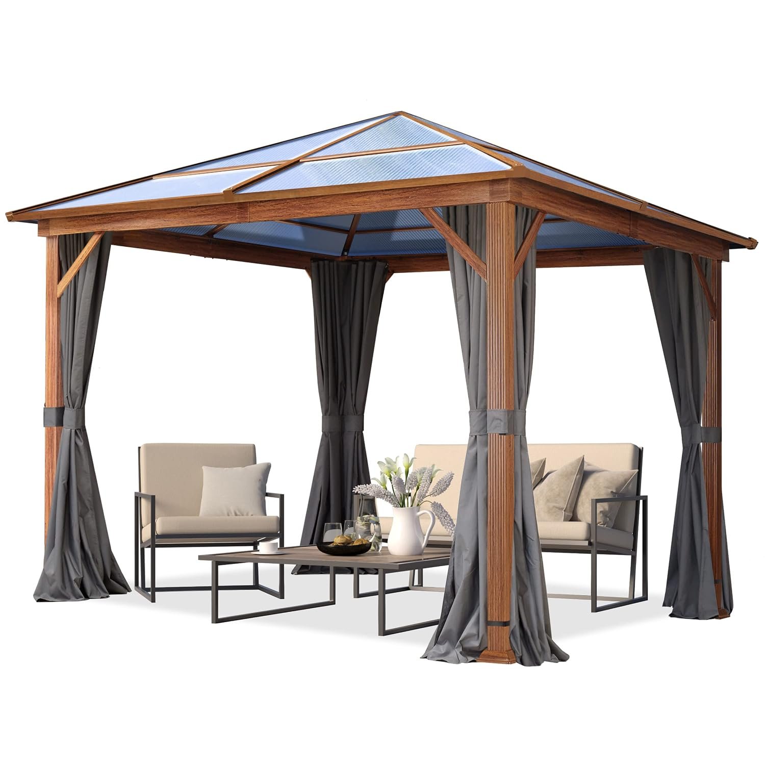 TOOLPORT Garden gazebo 3x3 m hardtop polycarbonate roof, wood finish, 4 side panels in grey