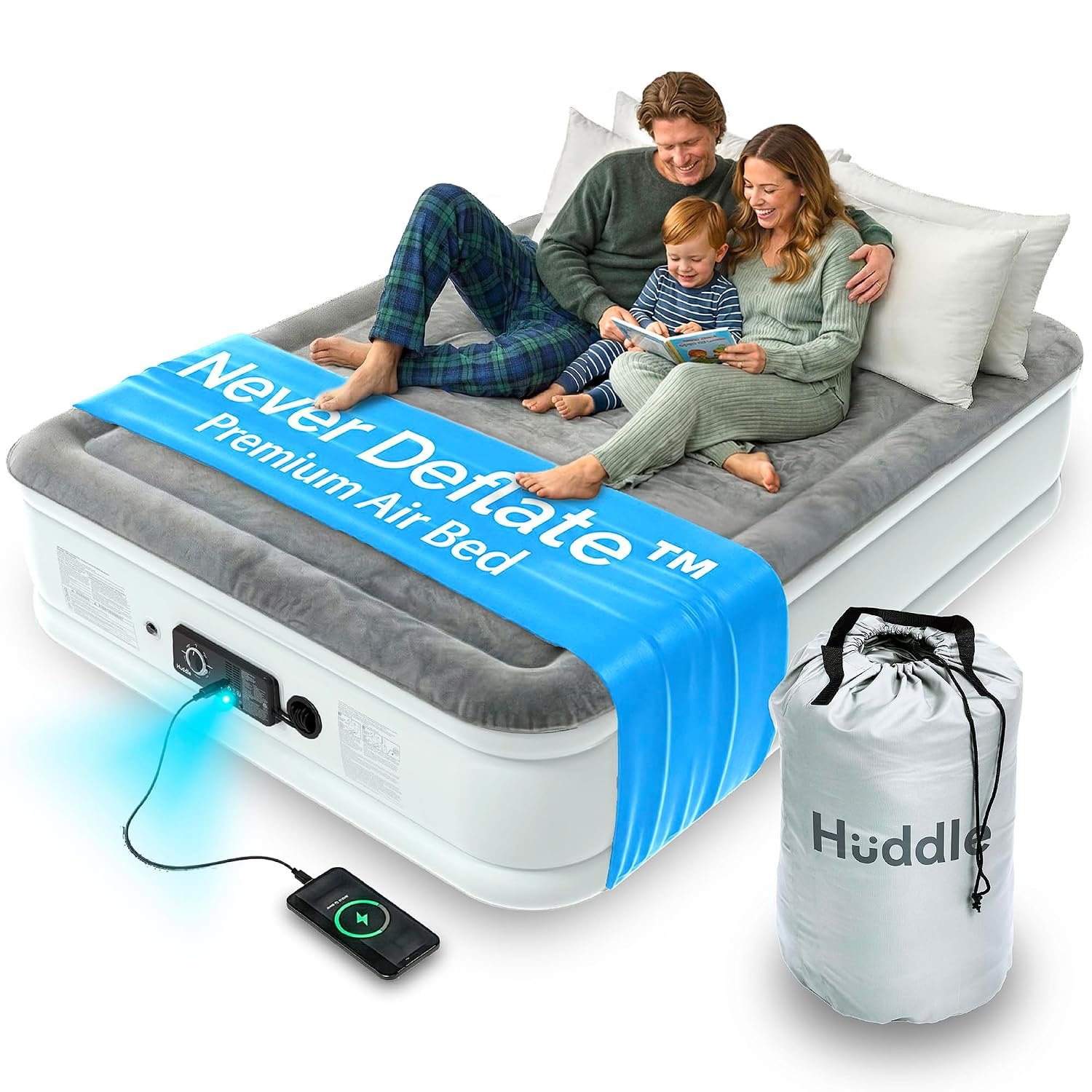 Huddle NEVER DEFLATE™ Luxury King Air Bed, Good Housekeeping 2026 Air Mattress Winner, Dual Pump SlumberGuard™ Tech, Adjustable Firmness, Built-in Pump & USB Nightlight