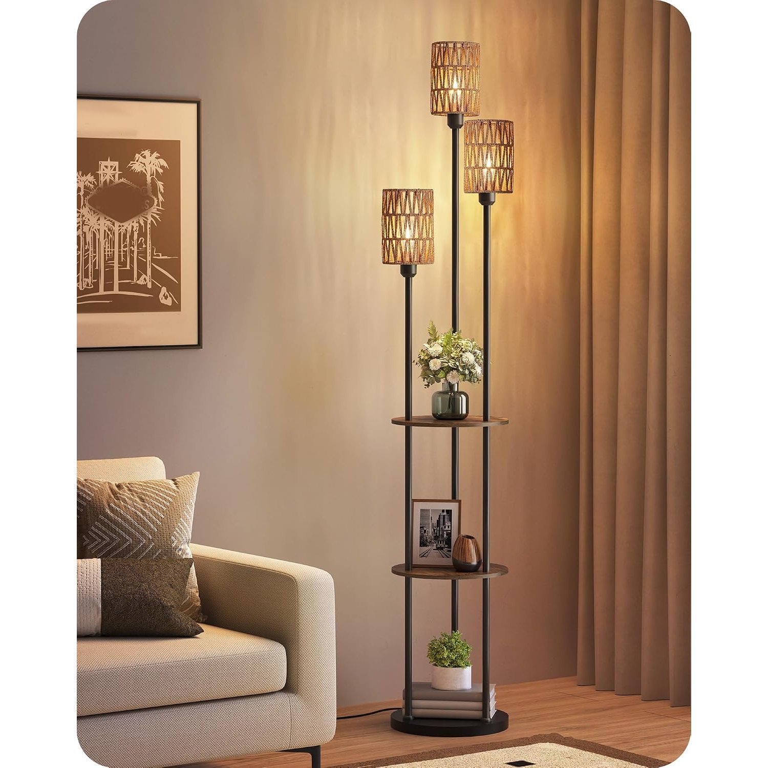 GOEBLESON Floor Lamp with Shelves, Boho Floor Lamp with 3 Linen Shades and Foot Switch, 3-Light Standing Lamp, for Living Room, Bedroom, Study, Rustic Brown and Yellow ZYF53LDK05