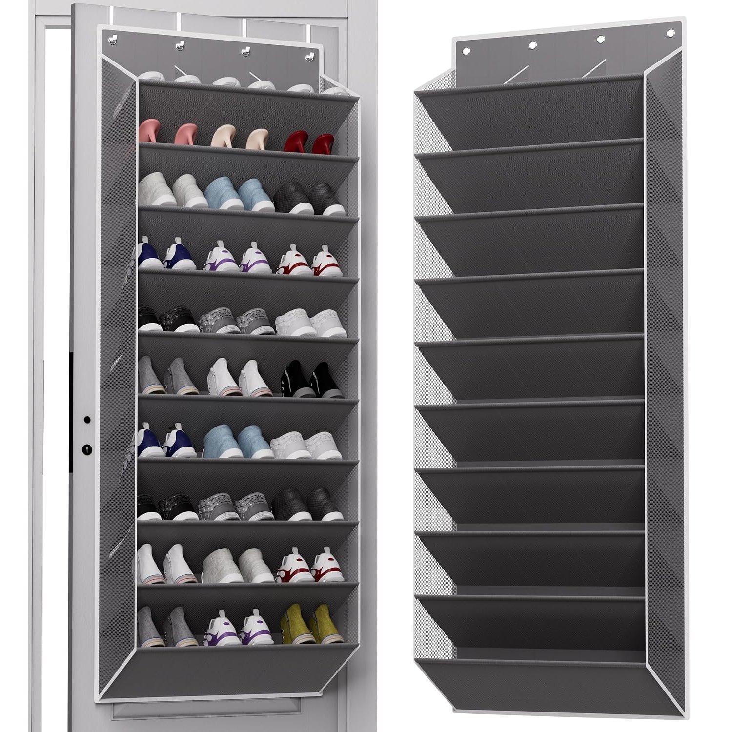 TAHAVICE 10 Tier Over Door Shoe Storage, Hanging Shoe Rack Holds Up 30 Pairs, Large Space Saving Shoe Organiser with Breathable Mesh Fabric, Multi-Purpose Door Storage for Bedroom, Dorm, Closet