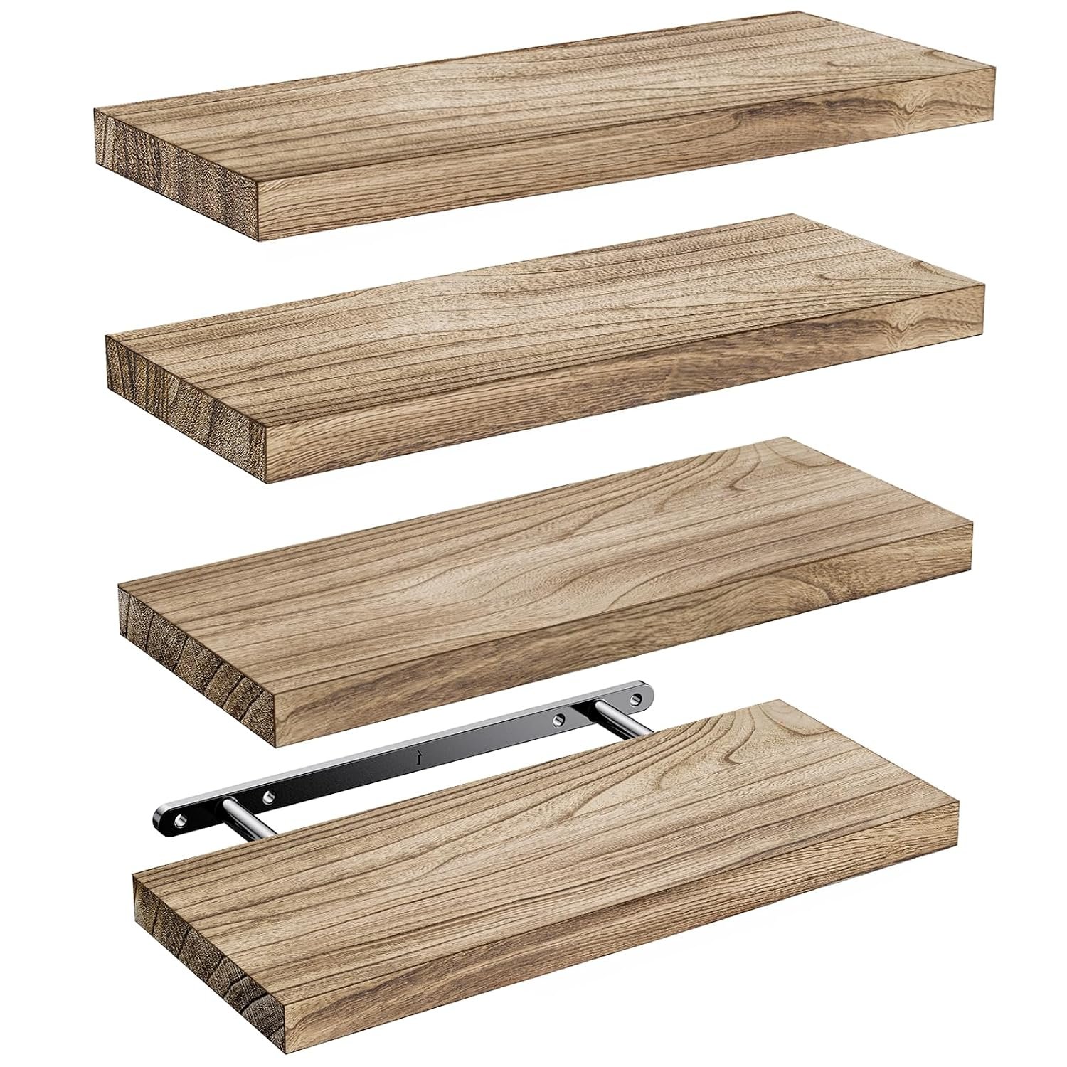 AMADA HOMEFURNISHING Floating Shelves Set of 4, 40 cm Paulownia Wood Wall Shelves, Light Brown Wood Floating Shelf for Living Room, Bedroom, Kitchen, Bathroom & Home Office Storage Decor