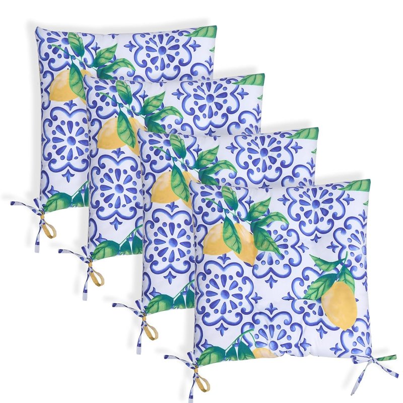 OHS 4 Pack Chair Cushions for Outdoor Seating, Lemon Print Seat Pads for Dining Chairs Indoor/Outdoor Soft Comfy Seat Cushions with Ties for Garden Kitchen - 40x40cm