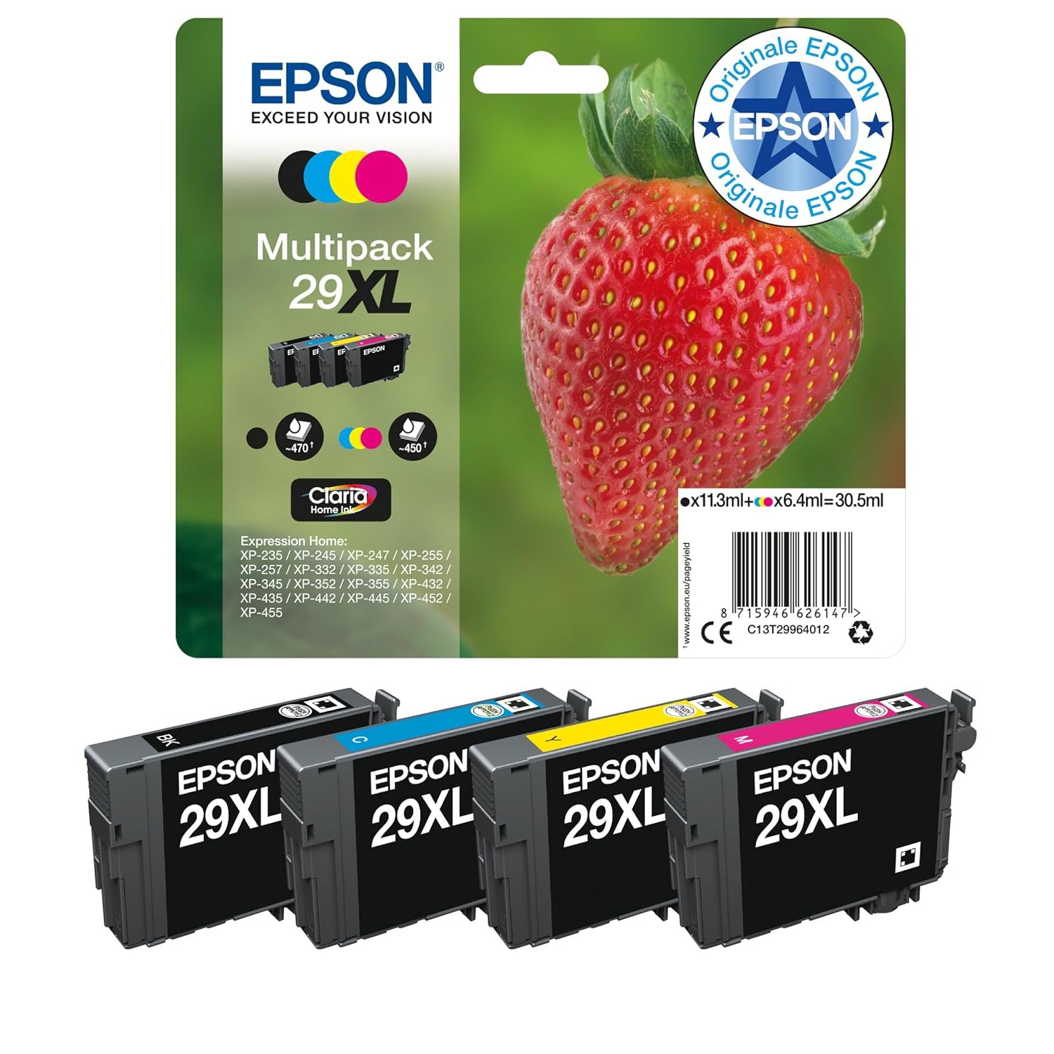 Epson Multipack 29XL Strawberry, Original XL High Yield Ink Cartridges, 4 Colors Black, Cyan, Magenta, Yellow