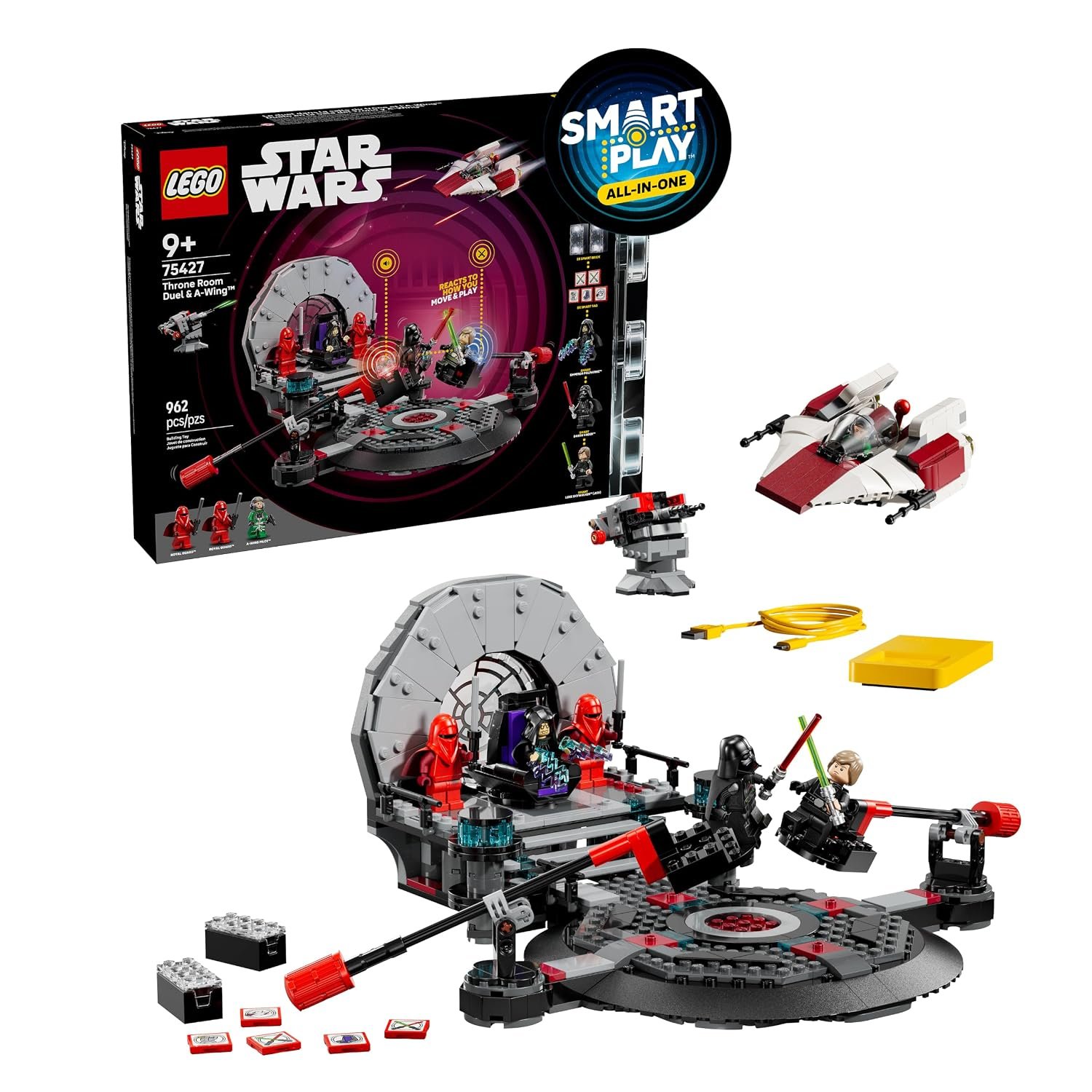 LEGO Star Wars 75427 SMART Play: Throne Room Duel & A-Wing - All-in-One Interactive Toy Set incl. 2 SMART Bricks, 5 Tags, 3 Minifigures & Charger - Gift Idea for 9+ Year Old Boys, Girls & Adult Fans