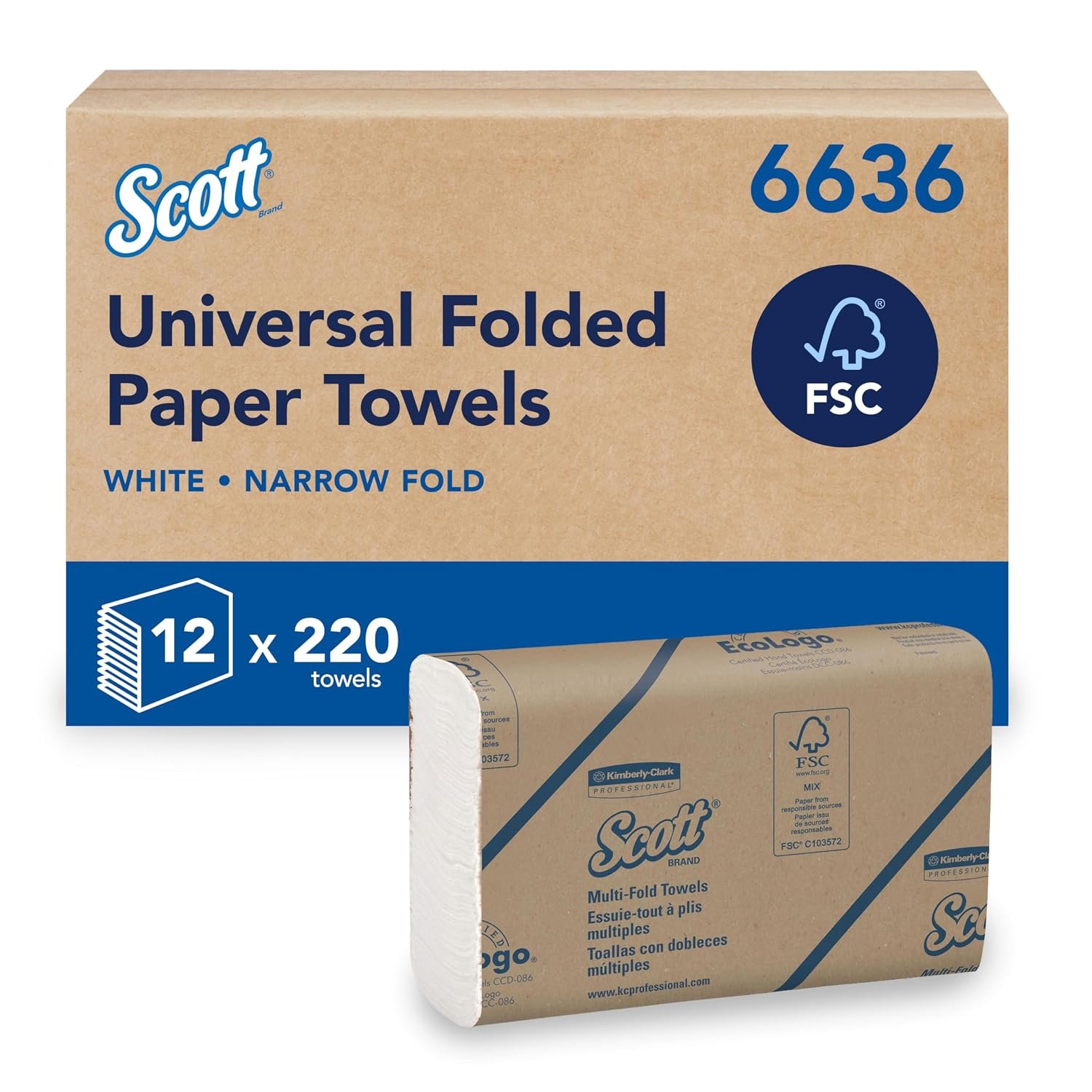 Scott Essential Hand Towels, Narrow Fold White Paper Towels for Bathroom, Soft, Strong, Eco-Friendly, Highly Absorbent, 12 Clips x 220 N-Fold Paper Sheets (2,640 Sheets Total), model nr. 6636