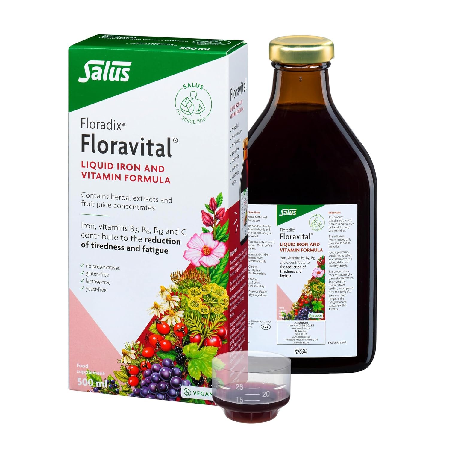Floravital Liquid Iron & Vitamin Supplement 500ml. Contributes to The Reduction of Tiredness. Gluten Free. No preservatives. Suitable for Women, Children 3+, During Pregnancy and Vegans.
