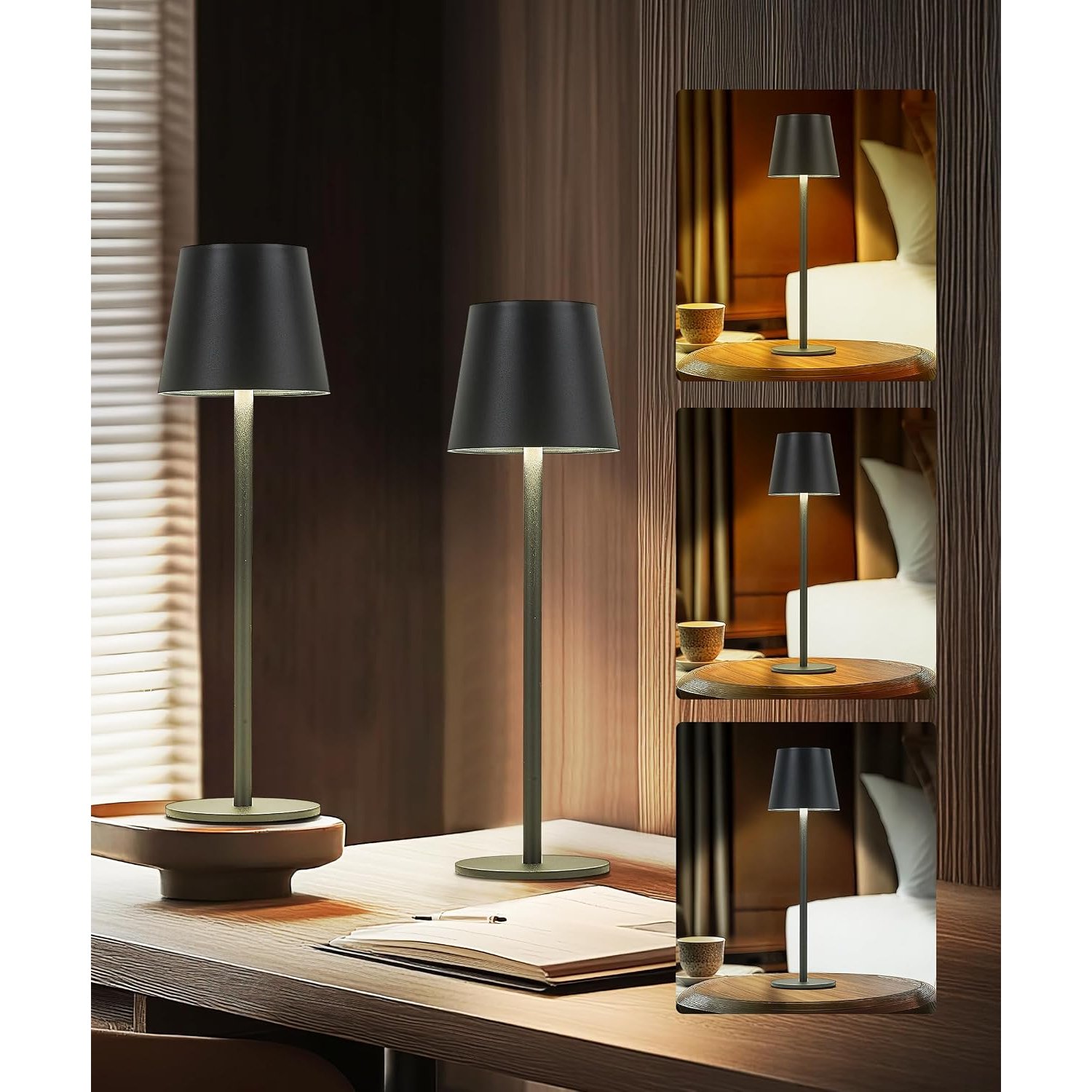 Faithorse Rechargeable Lamp Cordless Table Lamp, 2 Pack Battery Operated Lamps 5200mAh IP54 Waterproof Wireless Lamp with 3-Color Modes Touch Control Night Light for Bedroom (Black)