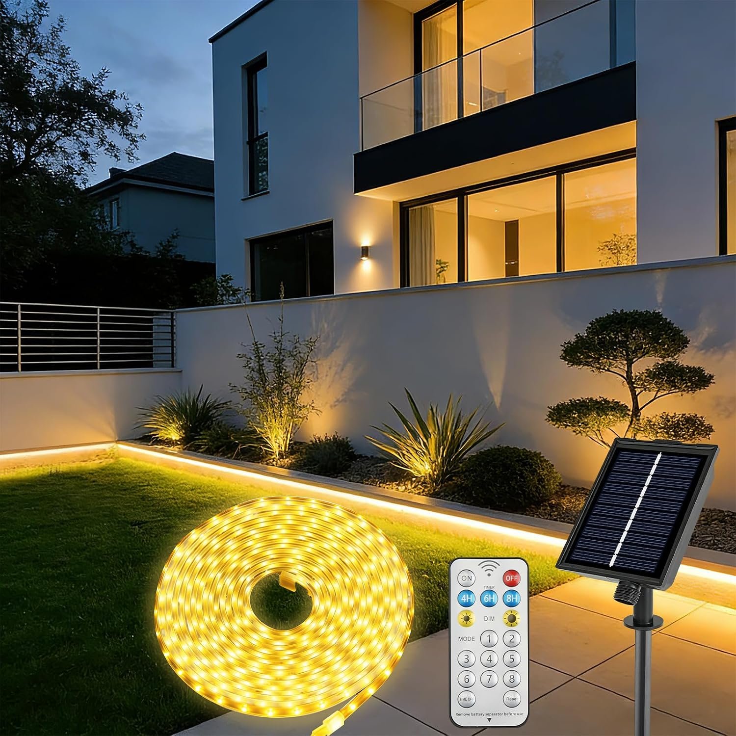 Solar Powered LED Strip Lights 10M 640LEDs, IP68 Waterproof Outdoor LED Lights with Remote, 8 Modes Dimmable Rechargeable Battery Operated LED Lights for Garden Patio Yard Porch Decoration, Warm White