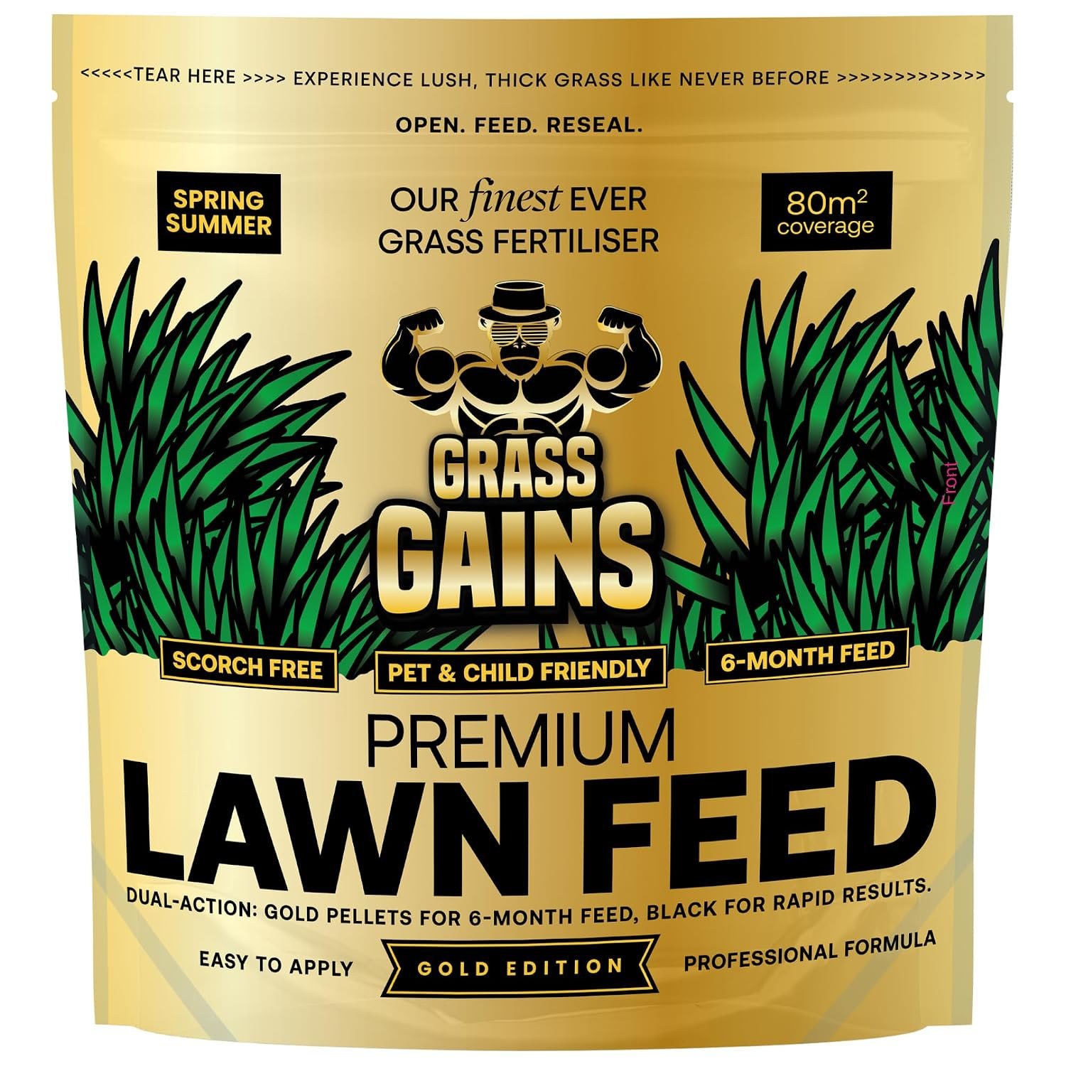 Grass Gains Premium Lawn Feed, 5-6 months longevity giving amazing results! Coverage 80m2, scorch free and pet/child friendly. Perfect for spring/summer use. 2KG