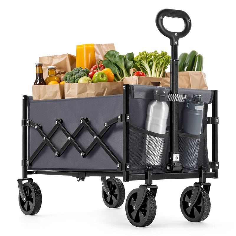 SONGMICS Festival Trolley on Wheels, 90 L Foldable Camping Cart, Pull Garden Wagon, Adjustable Handle, 4 Reinforced Wheels, Loads Up to 180 kg, Outdoor, Yard, Slate Grey GFW909G01