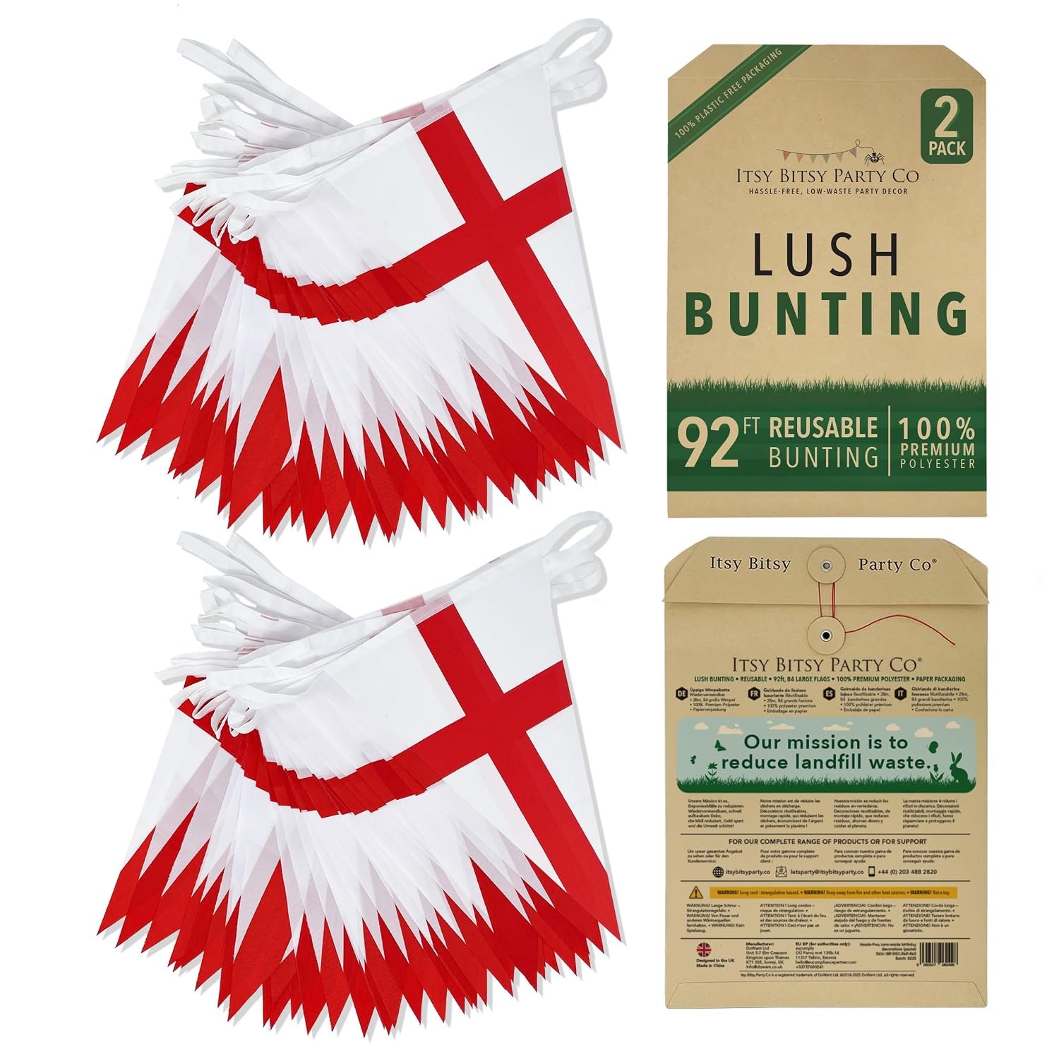 Premium Reusable England Bunting - 84 Flag World Cup Bunting 2026 - As seen on TV, 100% Premium Polyester - World Cup Decorations 2026, Football Party Banner (2-pack: 92ft, 84 England Flags)