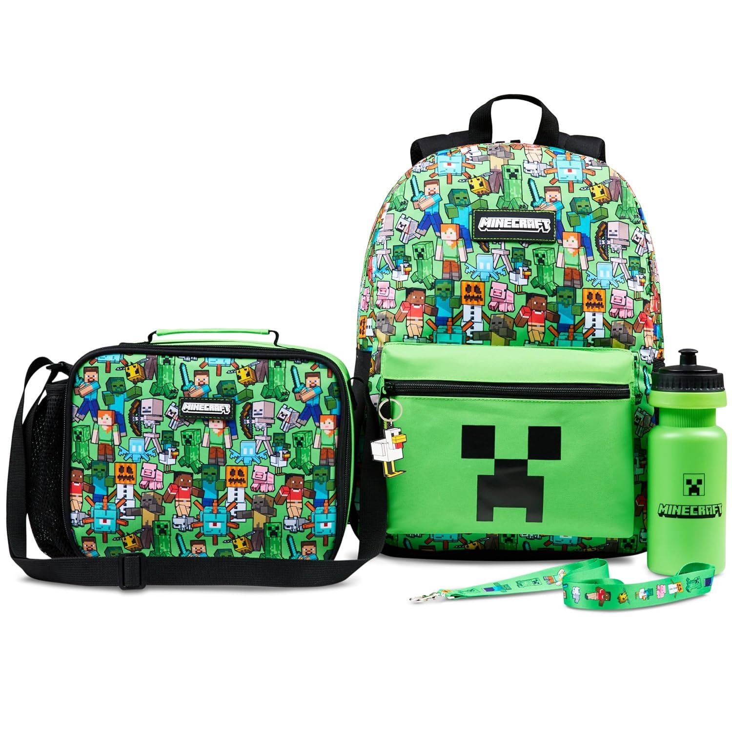 Minecraft Backpack Set 5 Pcs Water Bottle Insulated Lunch Bag Pencil Case Drawstring Bag or Lanyard Keyring School Supplies (Green AOP)