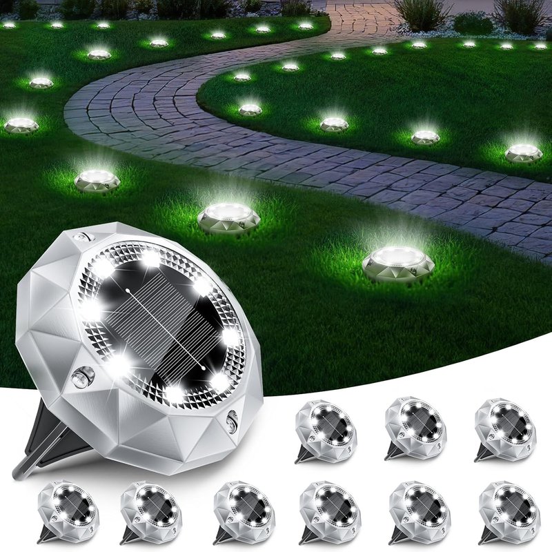 FIFlying 10 Pack Solar Lights Outdoor Garden, IP65 Waterproof Diamond LED Garden Lights - Auto On/Off Pathway Lighting for Driveway,Patio,Lawn & Landscape Decor | 8 Bright LEDs | Cool White