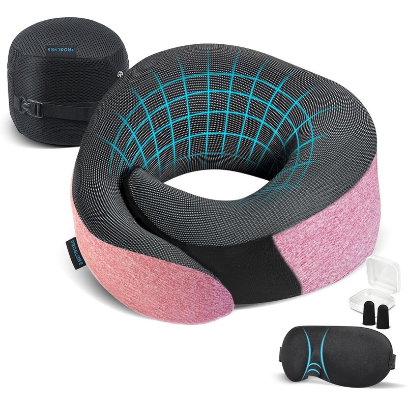 Proglobe Pink Airplane Travel Pillow Set, 100% Pure Memory Foam Neck Pillow, Updated Material, Long Haul Travel Kit with 3D Contoured Eye Masks, Earplugs, and Luxury Bag