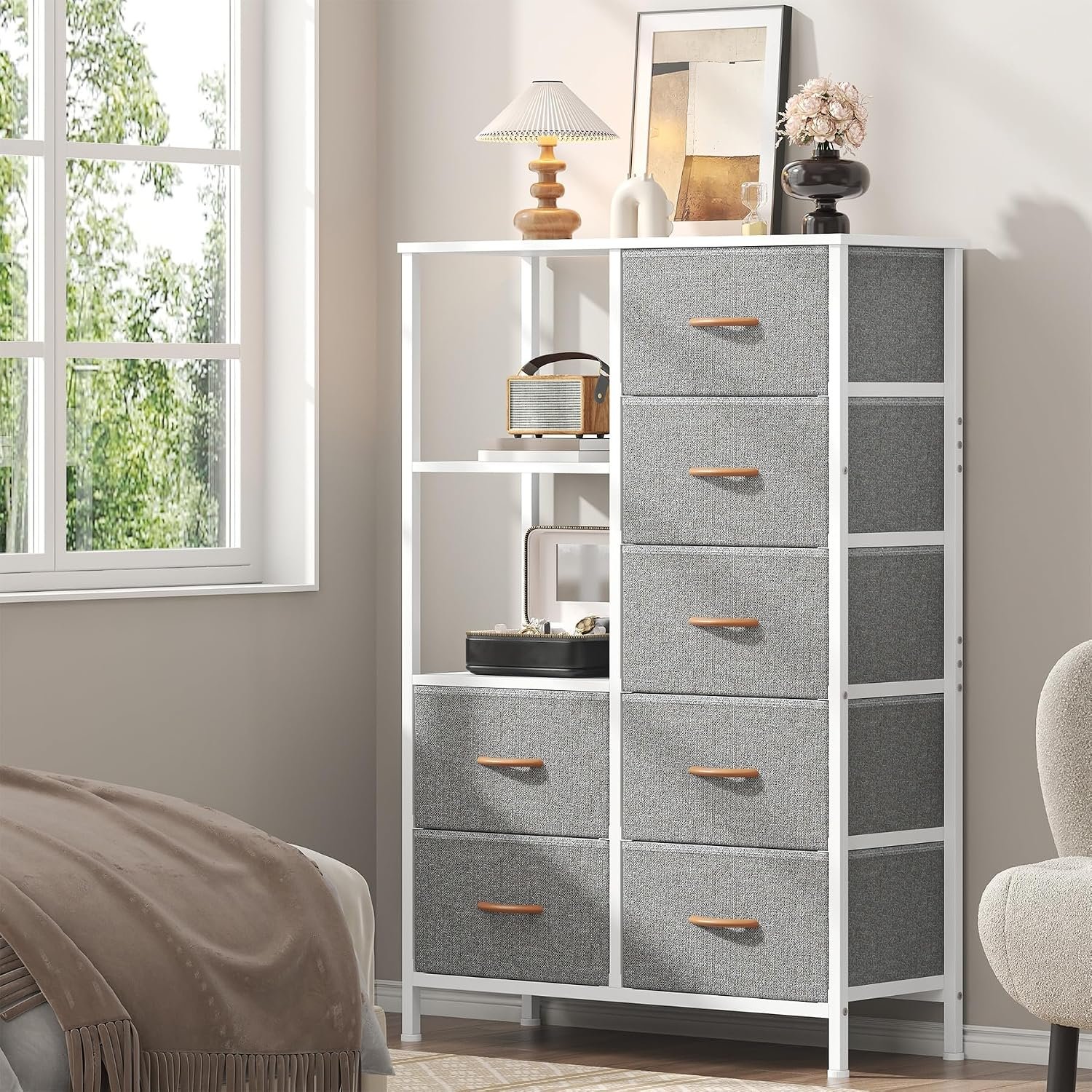 Chest of Drawers Bedroom Tall Storage Cabinet Unit Dresser Bedroom Furniture Cupboards for Living Room - Metal Frame, 7 Large Fabric Drawer, 2 Open Shelves, 1 Spacious Top Surface, 116*80*30cm (Khaki)