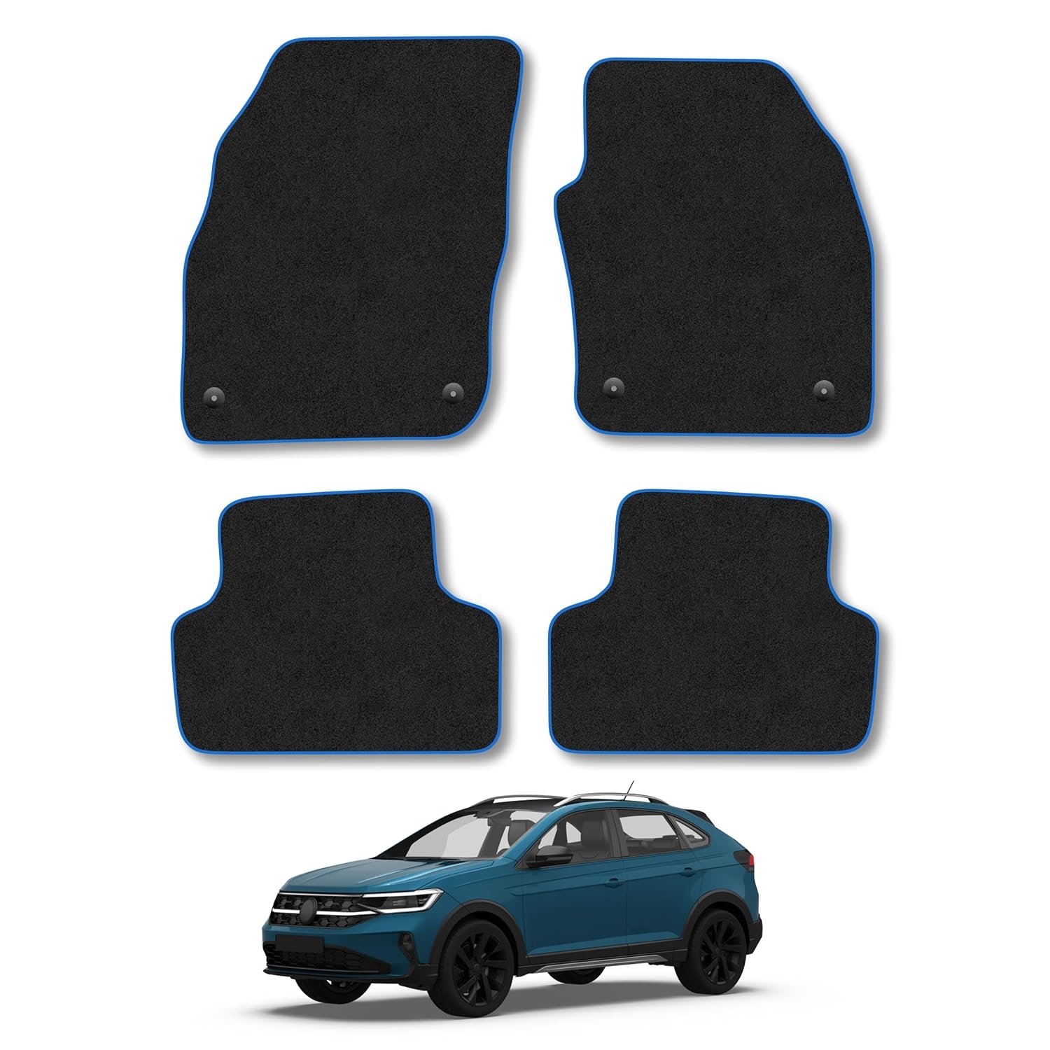 VW Taigo (2022+) Car Mats Accessories Tailored Fit Carpet Floor Mats Non Slip Blue Trim Full Coverage Compatible Accessory Granulated Backing Front Rear Set Anti Slip Hand-Finished Clips