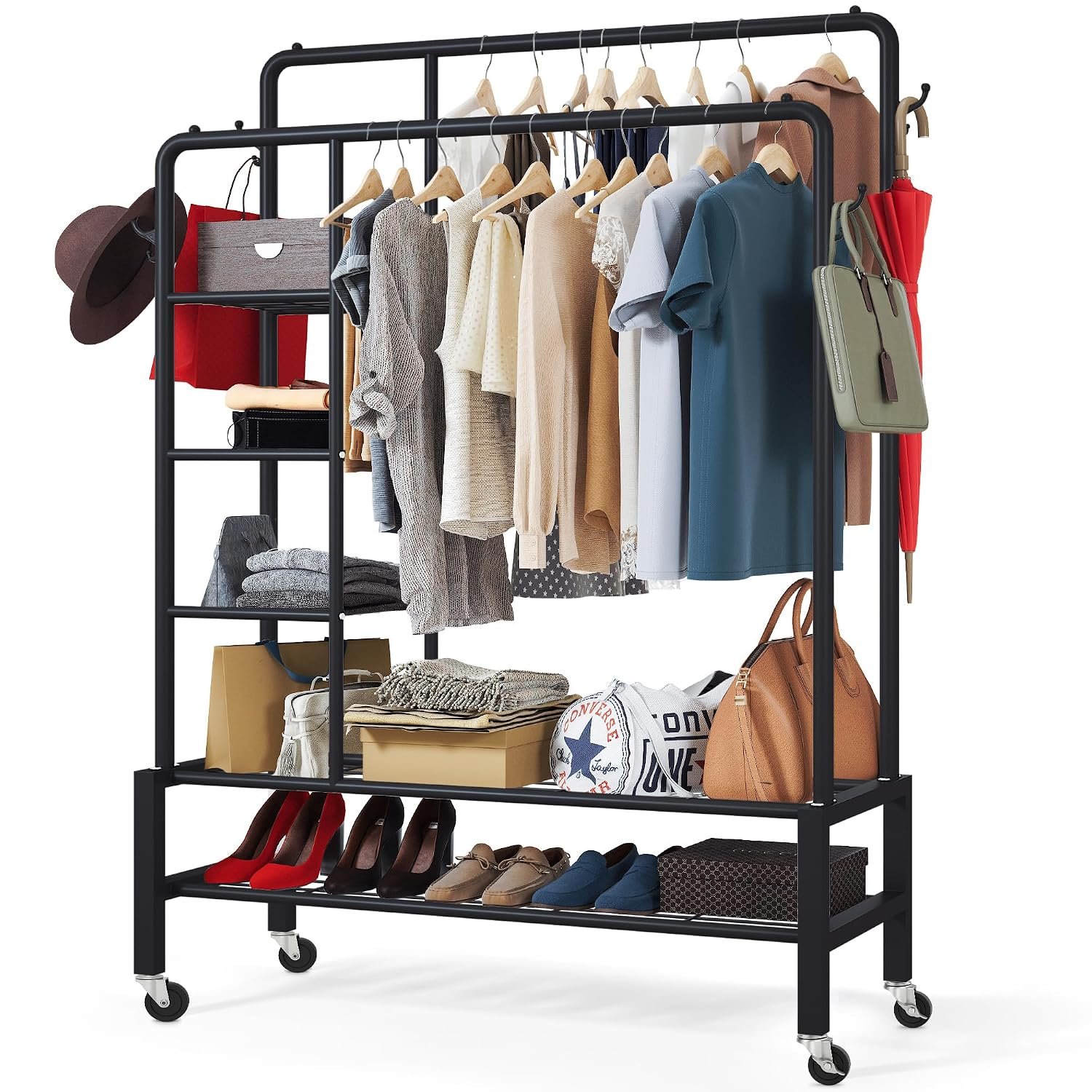 Klass Home Collection Heavy Duty Clothes Rail, 120KG Black Metal Rack With Double Hanging Clothing Rail, Shoe Rack, Storage Shelves & 4 Coat Hooks, Wardrobe Clothes Rails For Bedroom Office Shop