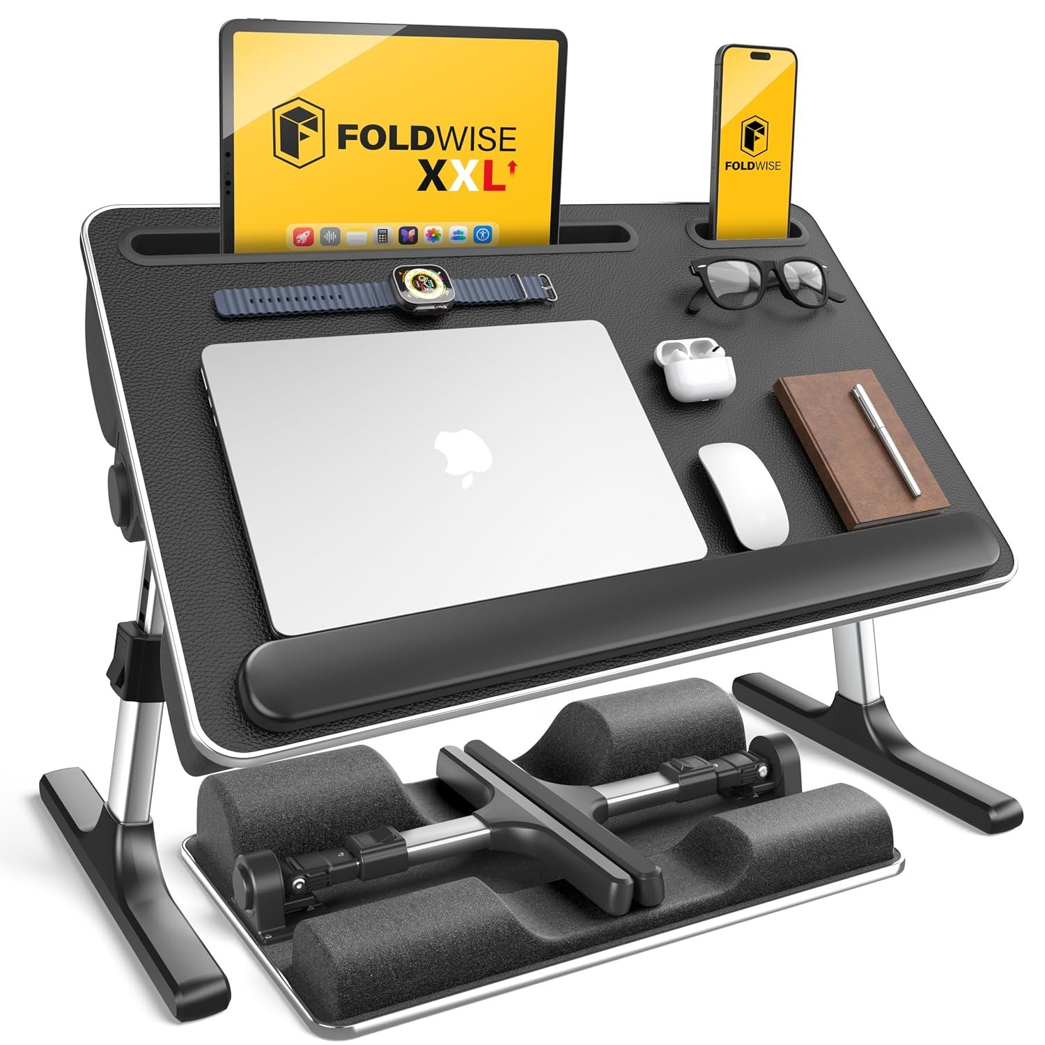 FoldWise 2-in-1 Bed Table & Lap Desk - Soft Cushions, Adjustable Height & Angle, Foldable with Wrist Rest, Tablet Holder, Edge Stopper & Laptop Table Non-Slip Leather, Ideal for Bed Desk, Sofa & Chair