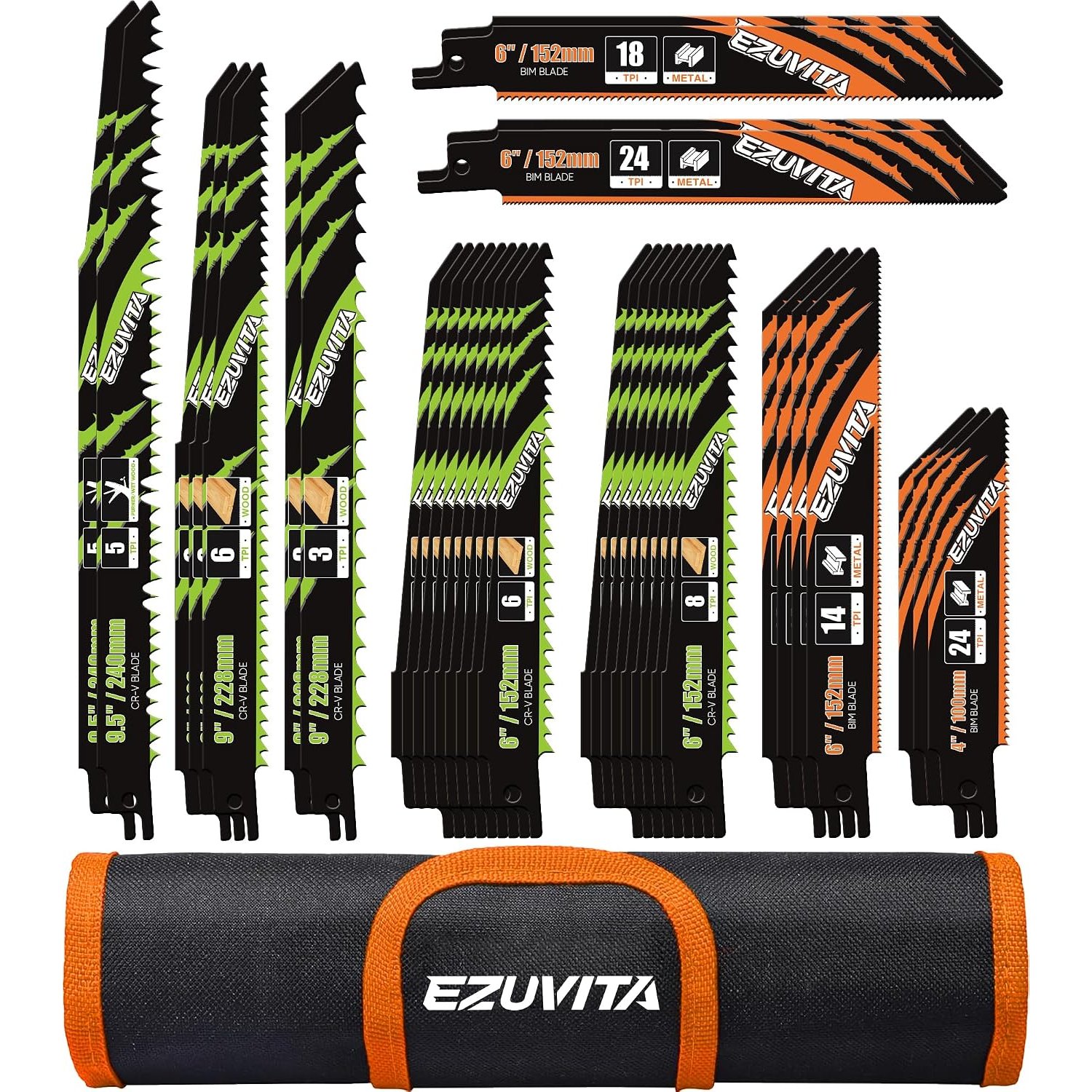 EZUVITA 36-Piece Reciprocating Saw Blade Set with Organizer Pouch - Metal&Wood Cutting, Pruning Saw Blades