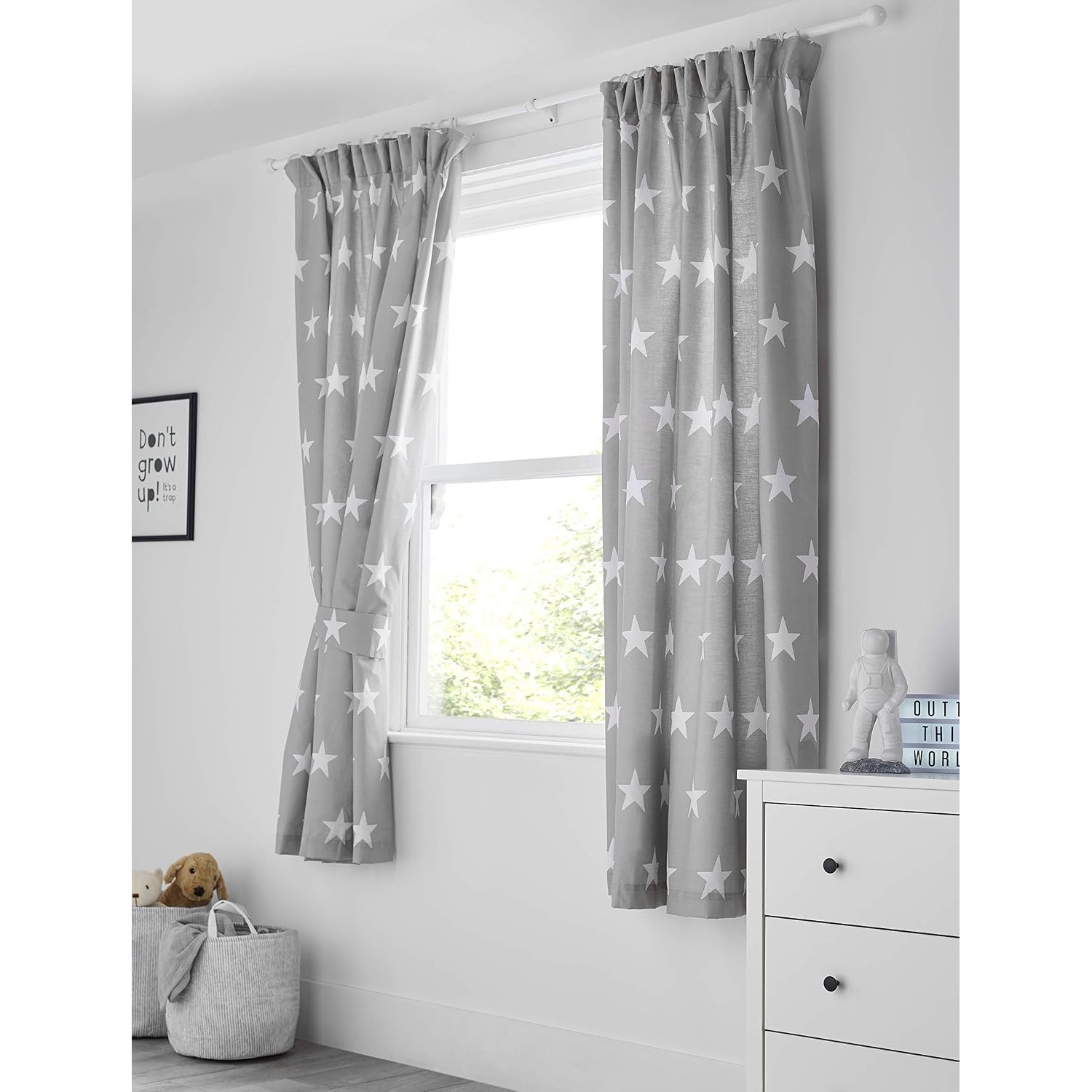 Bloomsbury Mill - Kids Curtains for Boys & Girls Bedroom - Grey & White Stars - Lined Curtain Pair with Tiebacks - Nursery Curtains for Childrens Baby Room - 66X72 inch drop (168x183cm)