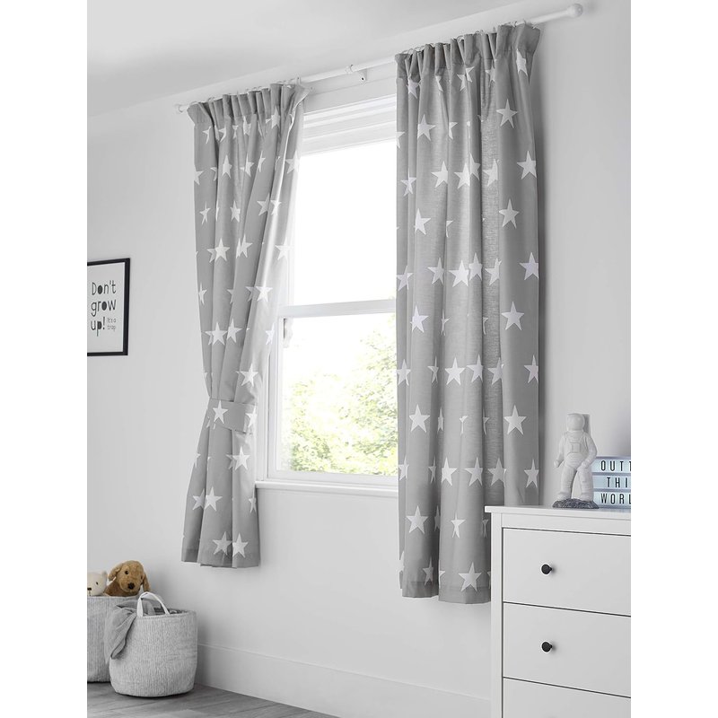 Bloomsbury Mill - Kids Curtains for Boys & Girls Bedroom - Grey & White Stars - Lined Curtain Pair with Tiebacks - Nursery Curtains for Childrens Baby Room - 66X72 inch drop (168x183cm)
