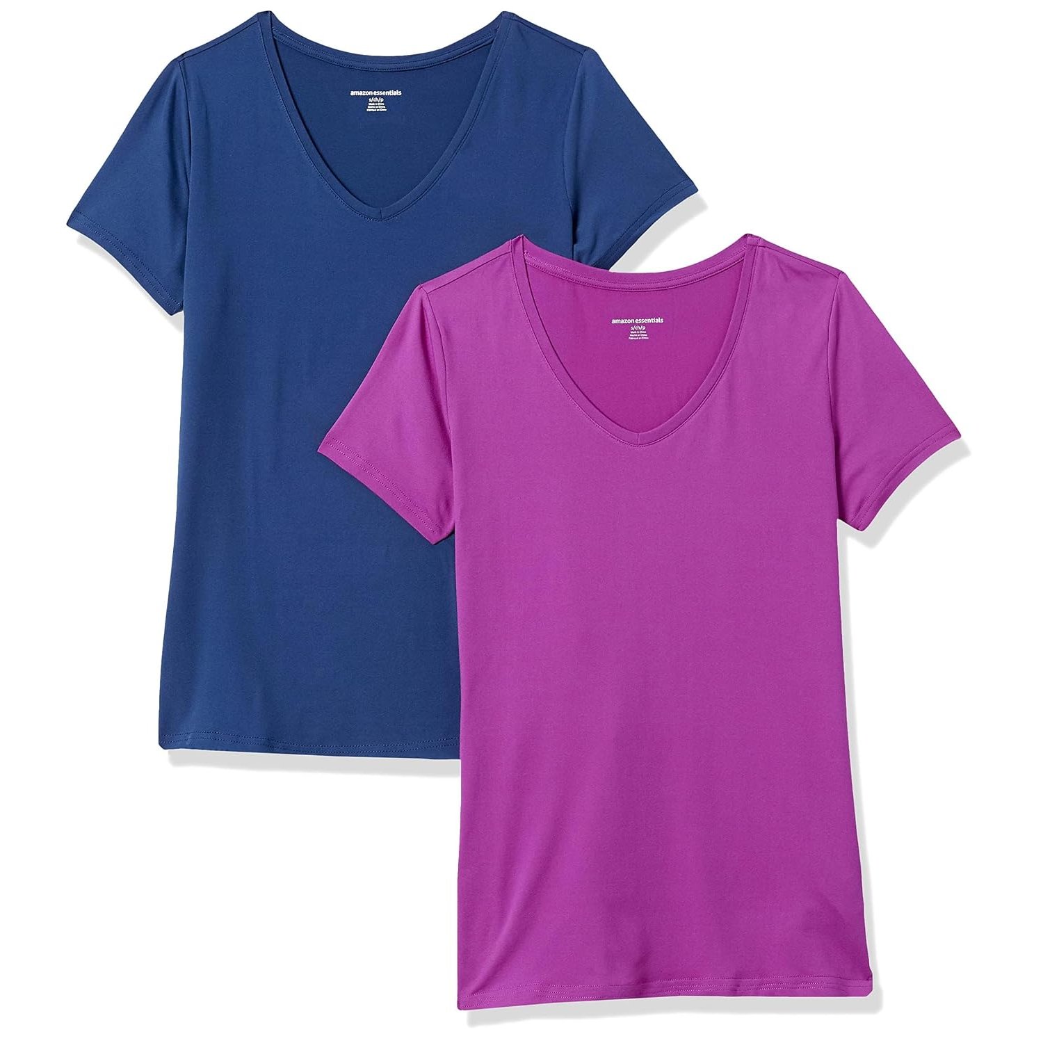 Amazon Essentials Women's Active Quick Dry Tech Stretch Short-Sleeve V-Neck T-Shirt (Available in Plus Size), Pack of 2, Navy/Orchid Purple, XL