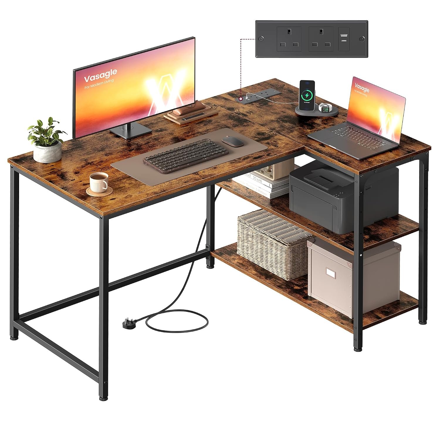 VASAGLE L Shaped Corner Desk, Computer Gaming Desk with Storage, Reversible Height-Adjustable Shelves, for Home Office, with Power Outlets 2 USB Ports, 110 x 80 cm, Rustic Brown LWD131KD02
