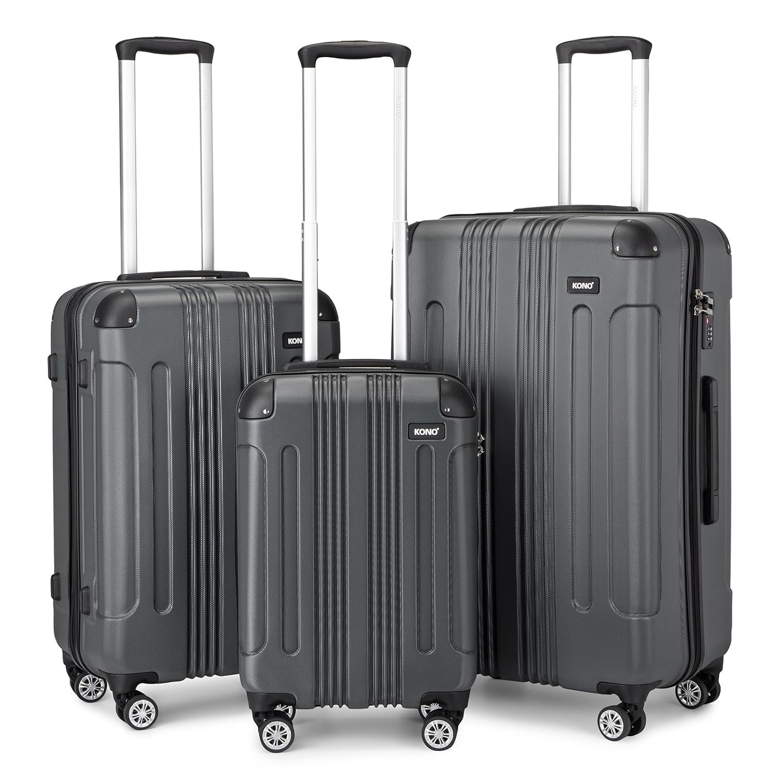 Kono 3 Pcs Luggage Set Hard Shell Suitcase Light Weight ABS with 4 Wheels Spinner Business Trip Trolley Case 19" 24" 28" (Grey)