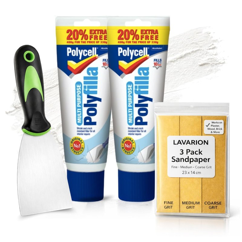Polycell Polyfilla Ready Mixed Wall Repair Kit – 2 x Polyfilla Tubes (400g) with Lavarion Ergonomic Metal Scraper and 3 Mixed Grit Sandpaper