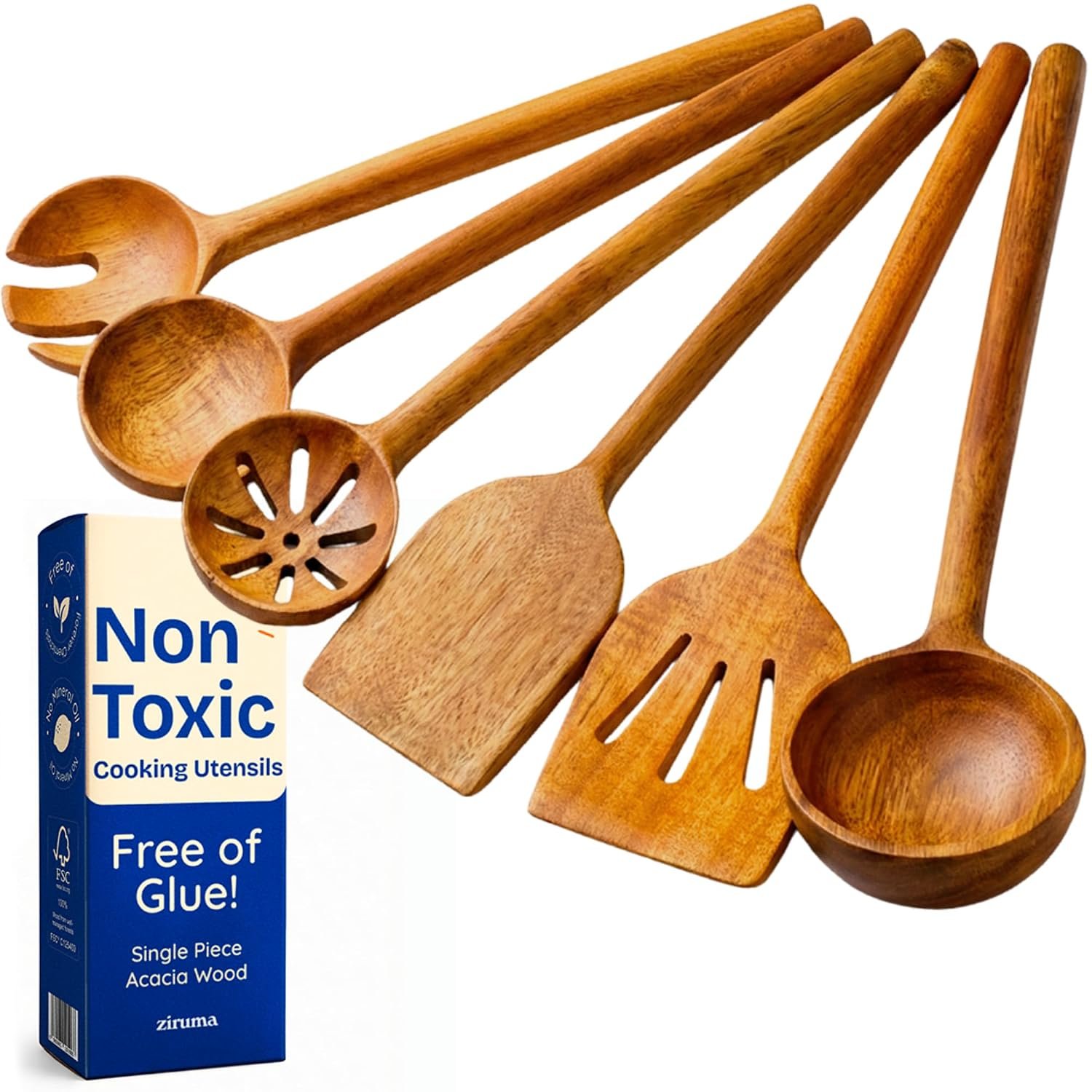 Non-Toxic Cooking Utensils – 6-Piece Kitchen Utensils Set, Glue-Free & One-Piece Wooden Spoons for Cooking, Natural Wooden Utensil Set with Plant-Based Finish, Free of Forever Chemicals