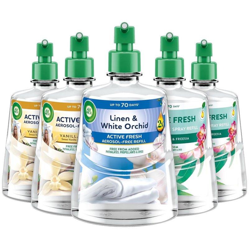 Air Wick Aerosol-Free Automatic Air Freshener Spray | 24x7 Active Fresh Odour Neutraliser | Lasts Up to 3x70 Days (5 Refills, Vanilla & Shea Butter x2, Linen & Orchid x1 & Eucalyptus & Freesia x2)