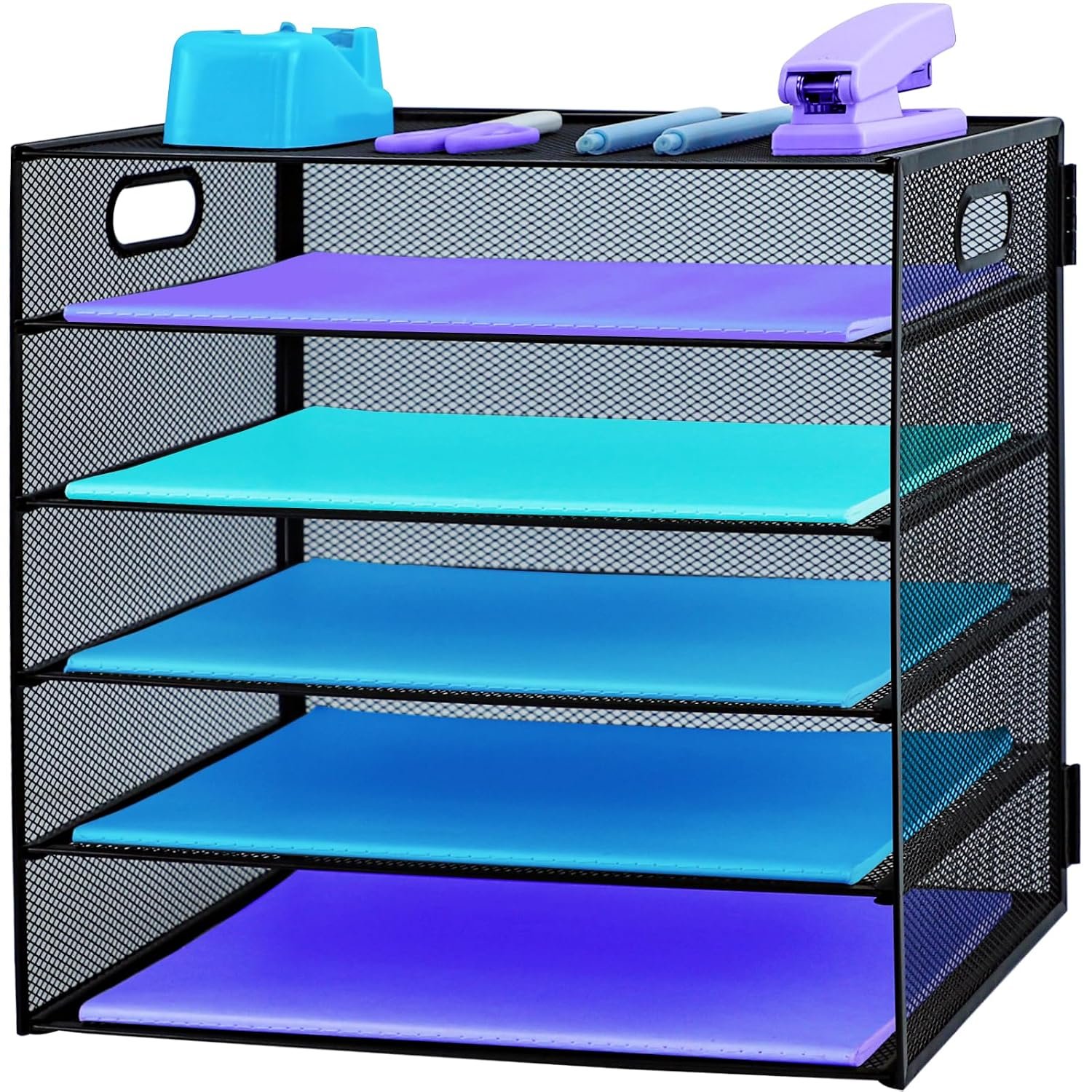 7 Tier Paper Letter Tray with Handle, Metal Mesh Desk File Organizer with Trays, A4 Paper Desktop Filing Trays for Home Office School, Black