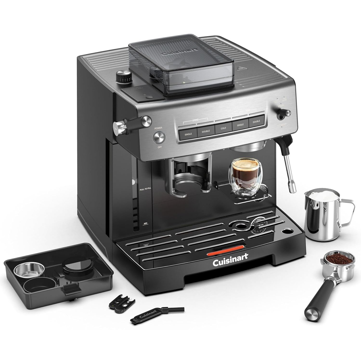 Cuisinart® Grind, Tamp and Brew Espresso Machine | Espresso, Americano, Cold Brew | Integrated milk frother for Lattes and Cappuccino | Bean to cup | Built-In Burr Grinder with 16 Settings, 20-Bar Pre