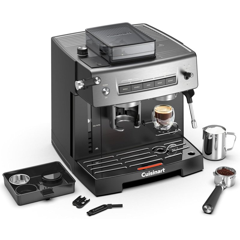 Cuisinart® Grind, Tamp and Brew Espresso Machine | Espresso, Americano, Cold Brew | Integrated milk frother for Lattes and Cappuccino | Bean to cup | Built-In Burr Grinder with 16 Settings, 20-Bar Pre