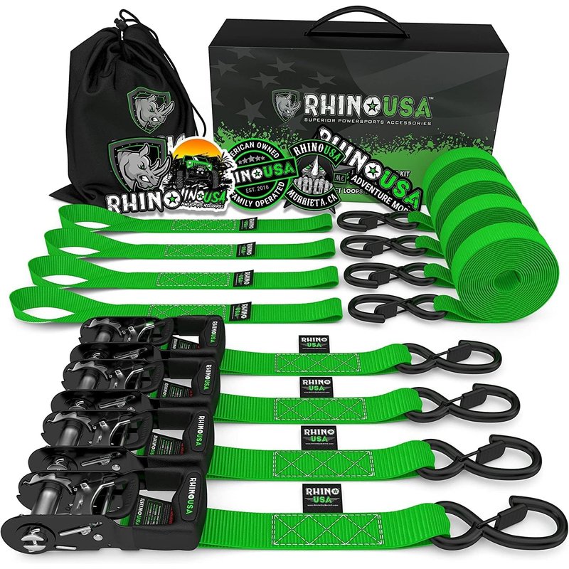 Rhino USA Ratchet Straps Tie Downs (4-Pack) - 2.5cm x 4.6m (800kg Break Strength) - Ultimate Tie Down Straps with Safety S Hooks - Premium Straps for Trucks, Cargo, Moving, Appliances - Green