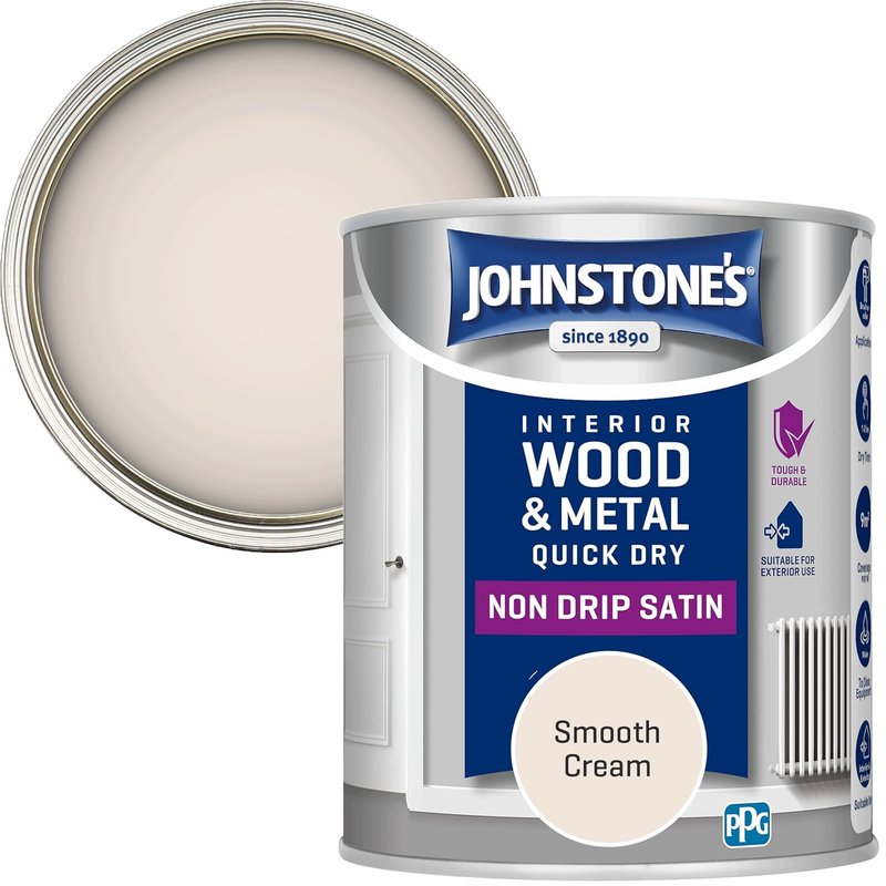 Johnstone’s - Quick Dry & Nondrip Satin Paint for Wood & Metal - Smooth Cream | Interior & Exterior | Self-Undercoating, Low Odour, Water-Based, Dry in 1-2 Hours | 12m2 Coverage per Litre | 750ml