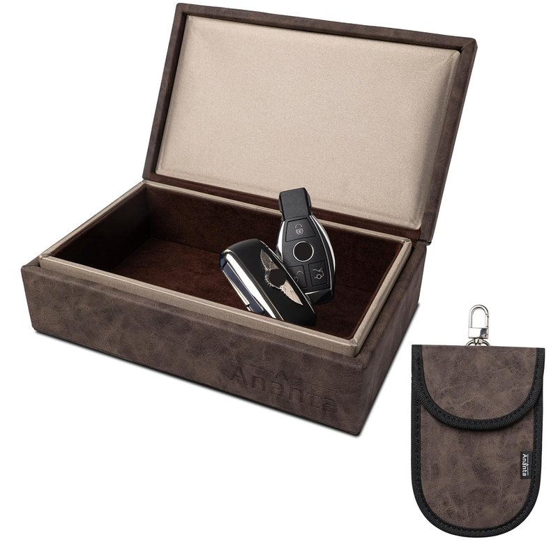 Ananta Faraday Box for Car Keys – Military-Grade RFID Signal Blocking, Magnetic Closure & Spare Key Pouch (Brown)