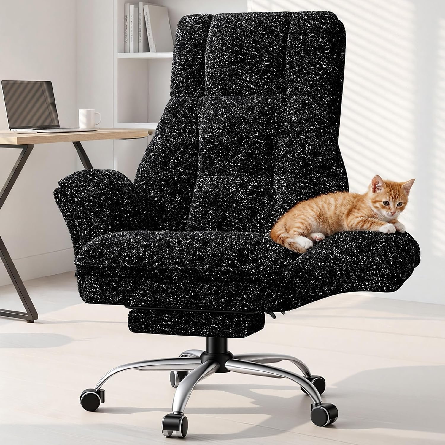 HOMiGroPa Big and Tall Office Chair, Ergonomic Executive Desk Chair with Flip-up Armrests & Footrest, Wide Seat Cross Legged Chair, High Back Computer Chair, Gliter Fabric Home Office Chair, Black