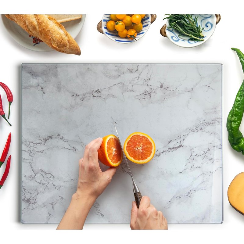 Kitchenville Glass Chopping Board 50x40cm : Tempered Glass Worktop Savers for Kitchens, Durable, Scratch-Resistant, Heat-Proof - Grey Marble Design