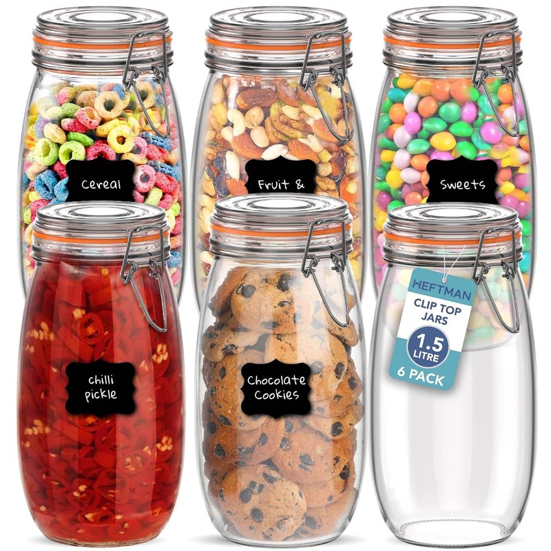 HEFTMAN Clip Top Glass Jars Set of 6-1.5L Airtight Glass Jars with Lids & Silicone Seal for Pasta, Sourdough Starter, Chutney, Pickling, Kitchen Organisation - Empty Food Storage Jar Set (6 Pack)