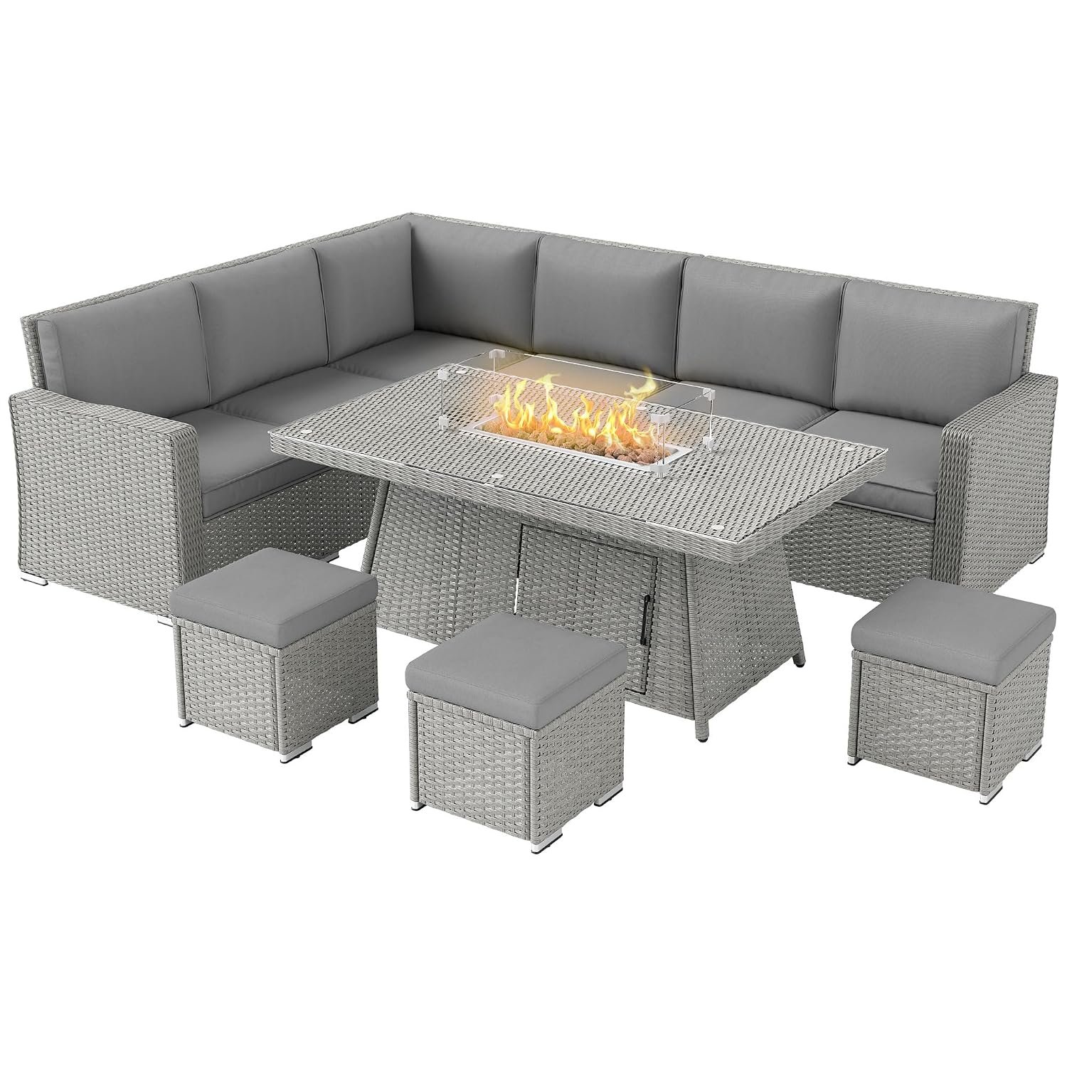 Outsunny 9 Seater Rattan Garden Furniture with Fire Pit Table, 50000 BTU, Garden Corner Sofa Set with 3 Loveseats, 3 Footstools, 7 Piece Outdoor Furniture Conservatory Set with Cushions, Grey
