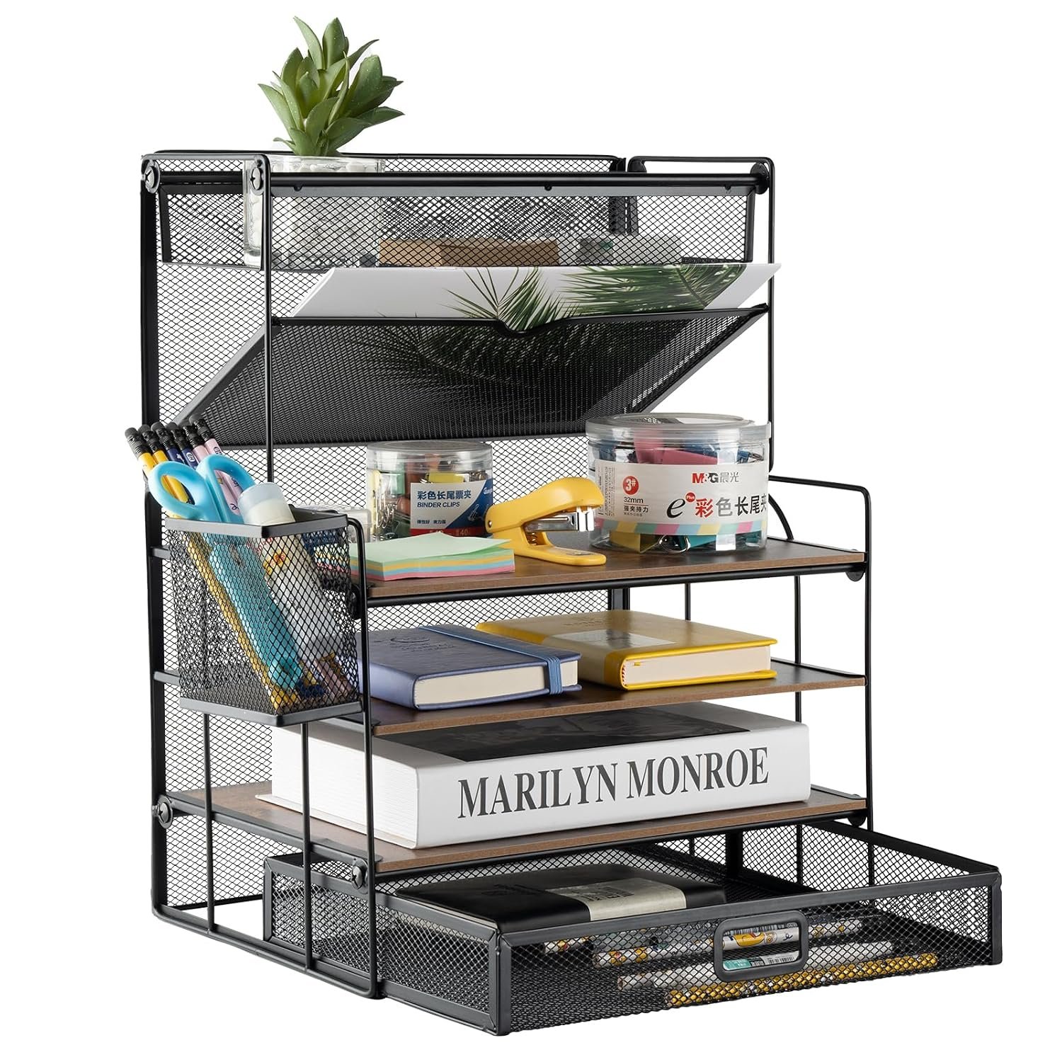 ZNMYDMT 4 Tier Desk Organizers and Accessories, Paper Letter Tray Organizer,Vintage Wood Desk File Organizer with Stationery Tray and Pen Holders for School Home Office Supplies